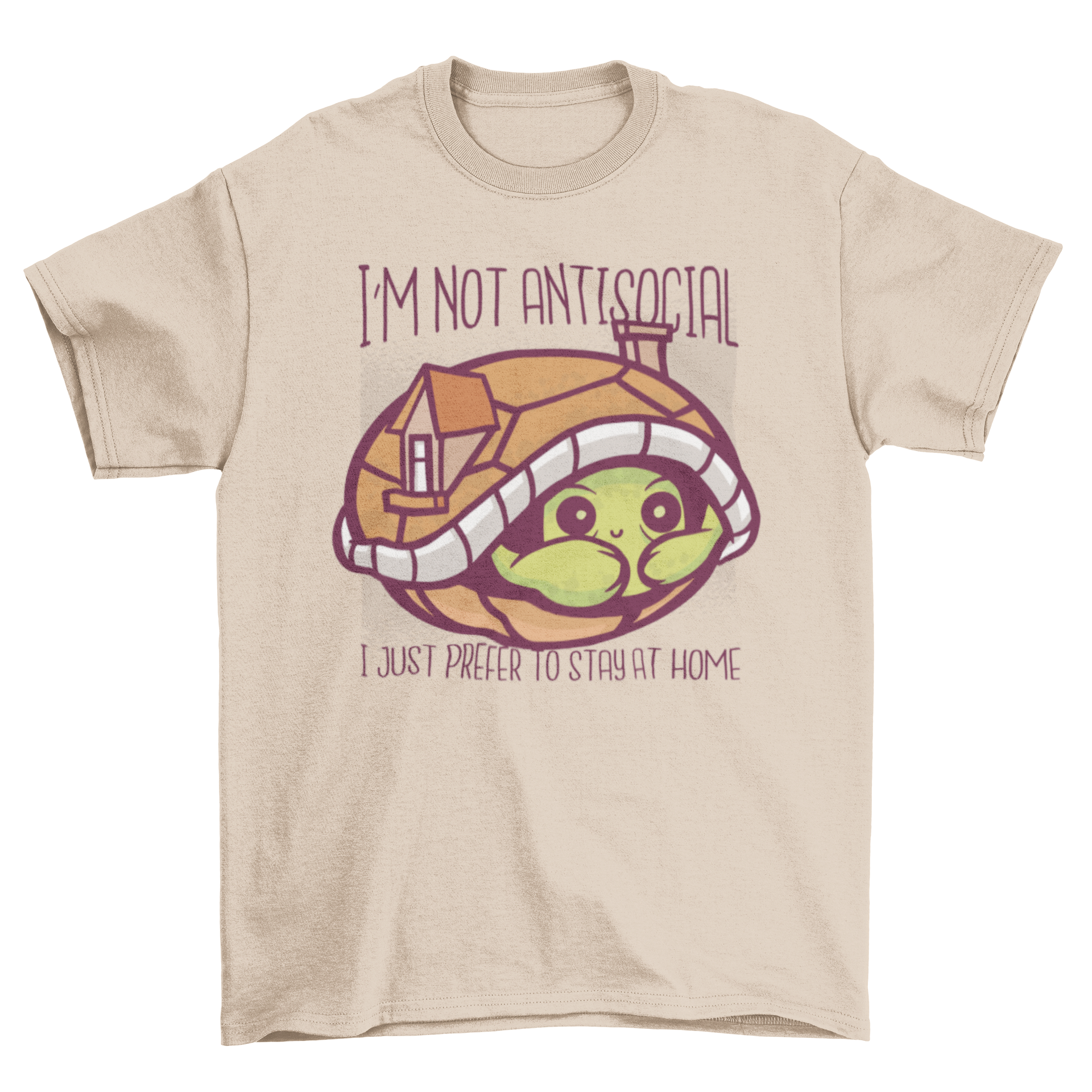 Cute turtle illustration on a t-shirt with a humorous quote about introversion.