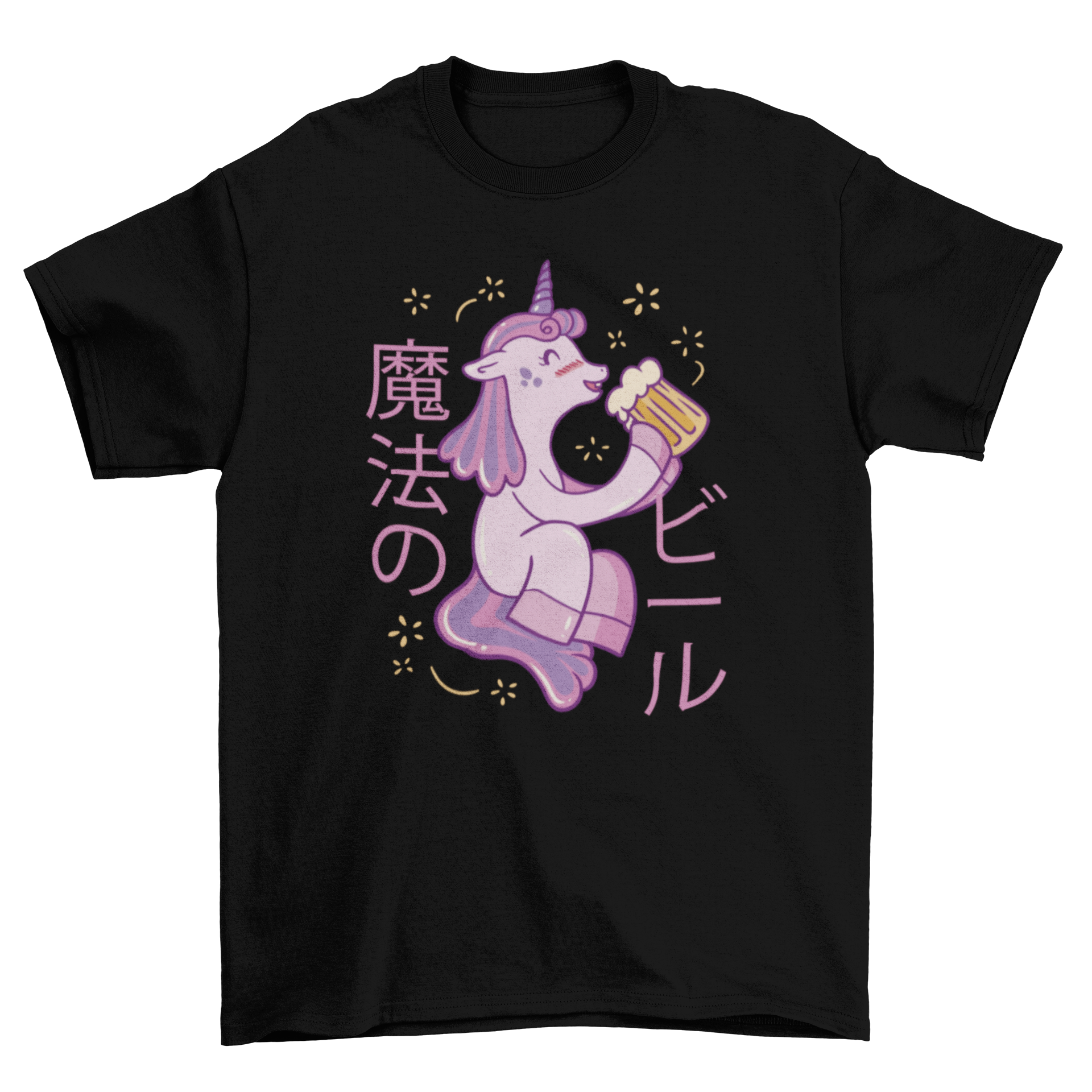 A cute unicorn happily drinking beer on a colorful t-shirt, showcasing a whimsical and fun design.