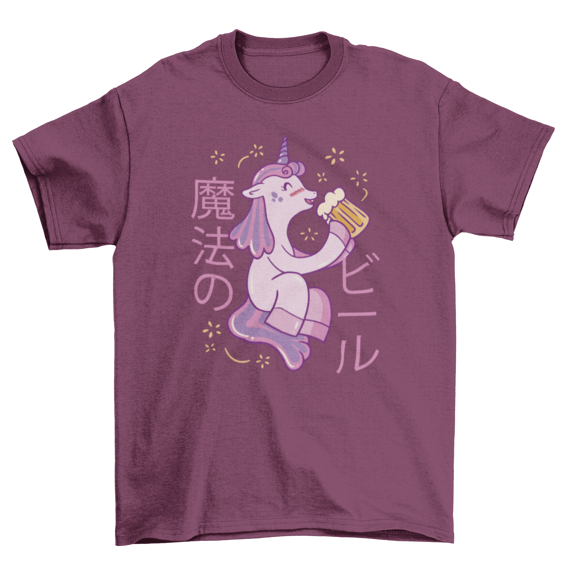 A cute unicorn happily drinking beer on a colorful t-shirt, showcasing a whimsical and fun design.