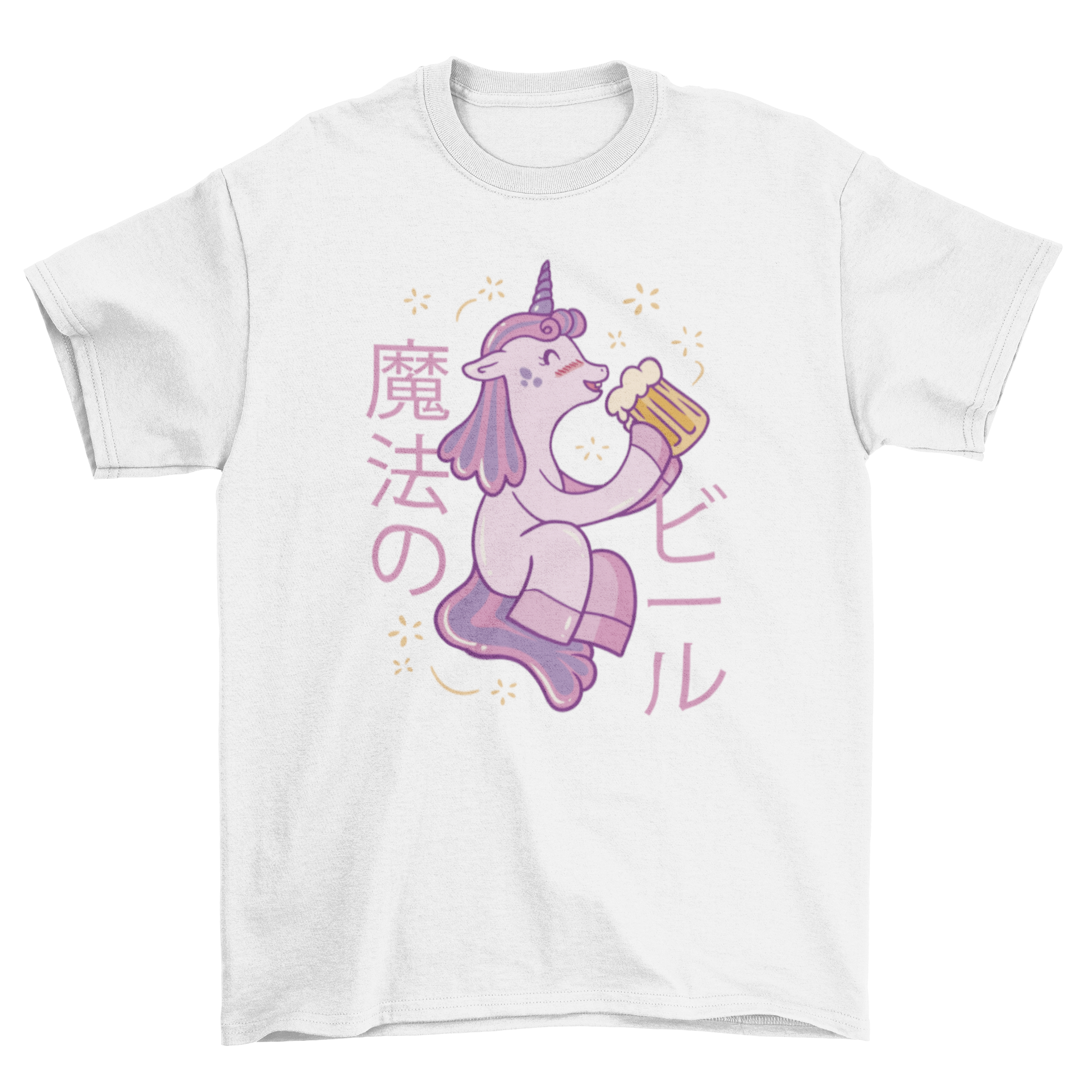 A cute unicorn happily drinking beer on a colorful t-shirt, showcasing a whimsical and fun design.