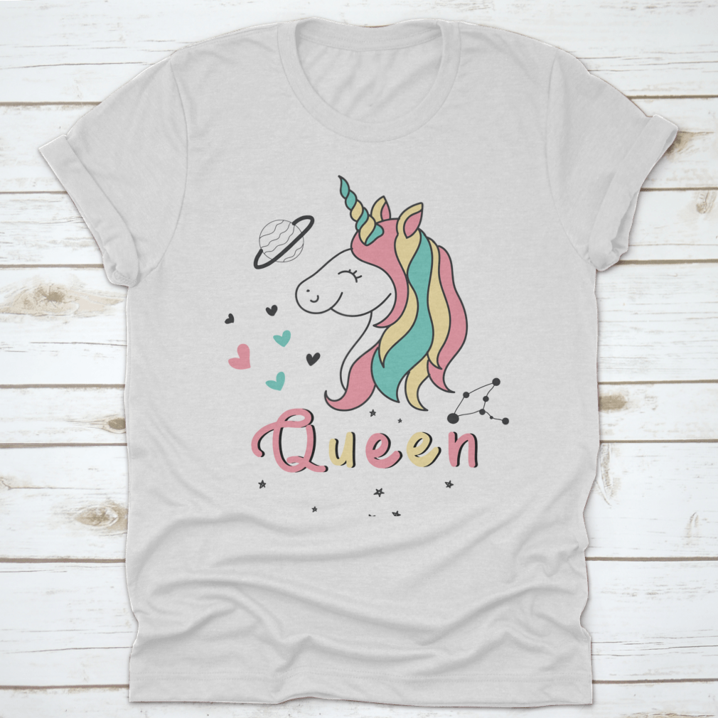 A colorful vector design featuring a cute unicorn surrounded by hearts, stars, and planets, perfect for whimsical fashion.