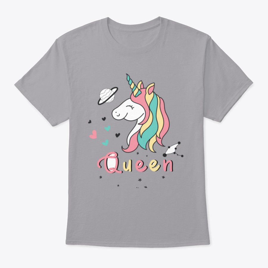 A colorful vector design featuring a cute unicorn surrounded by hearts, stars, and planets, perfect for whimsical fashion.