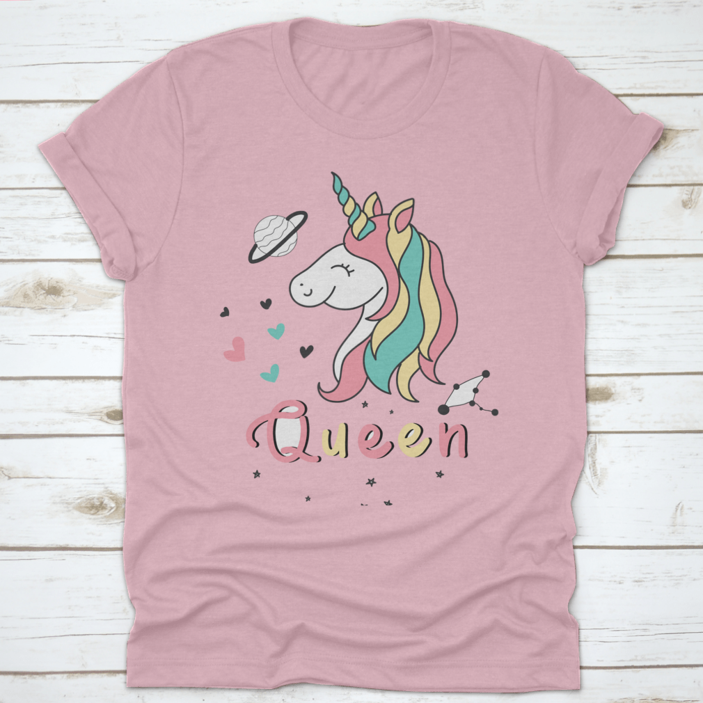 A colorful vector design featuring a cute unicorn surrounded by hearts, stars, and planets, perfect for whimsical fashion.