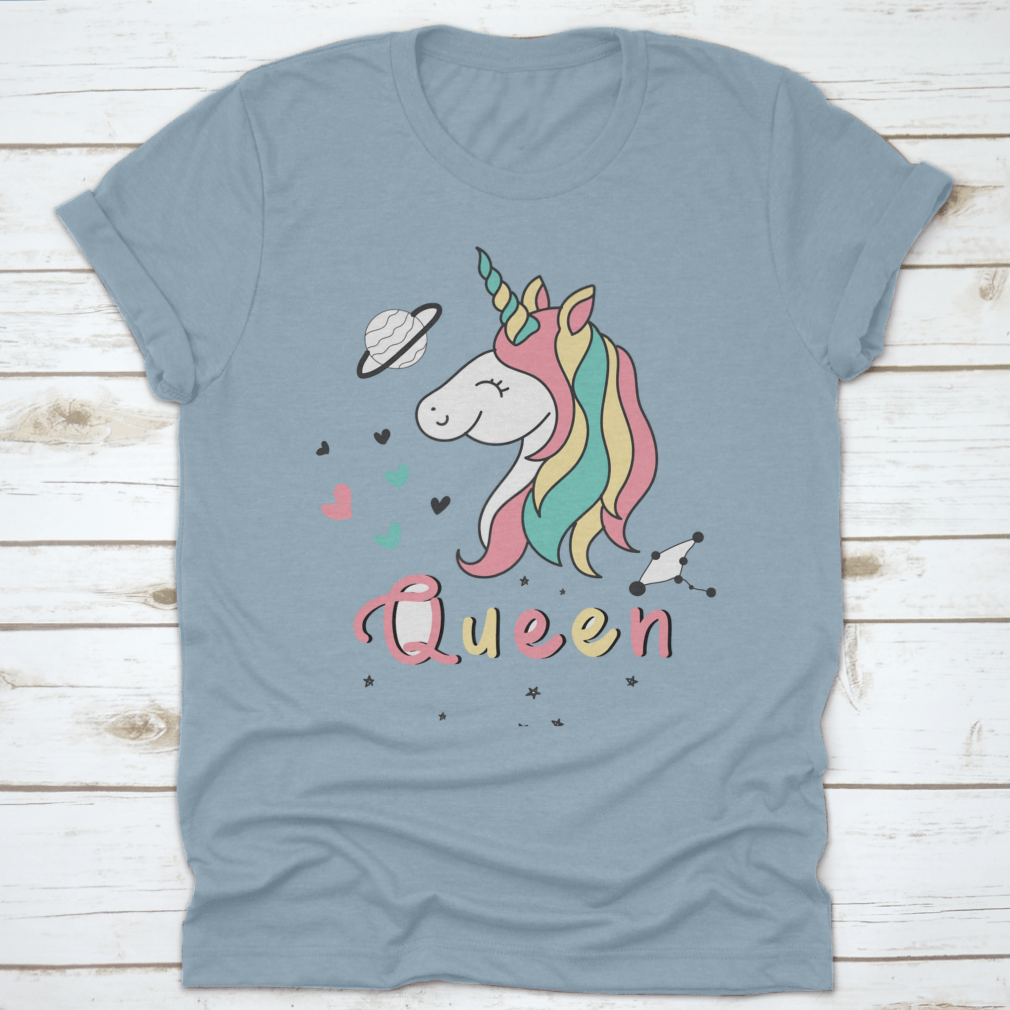 A colorful vector design featuring a cute unicorn surrounded by hearts, stars, and planets, perfect for whimsical fashion.