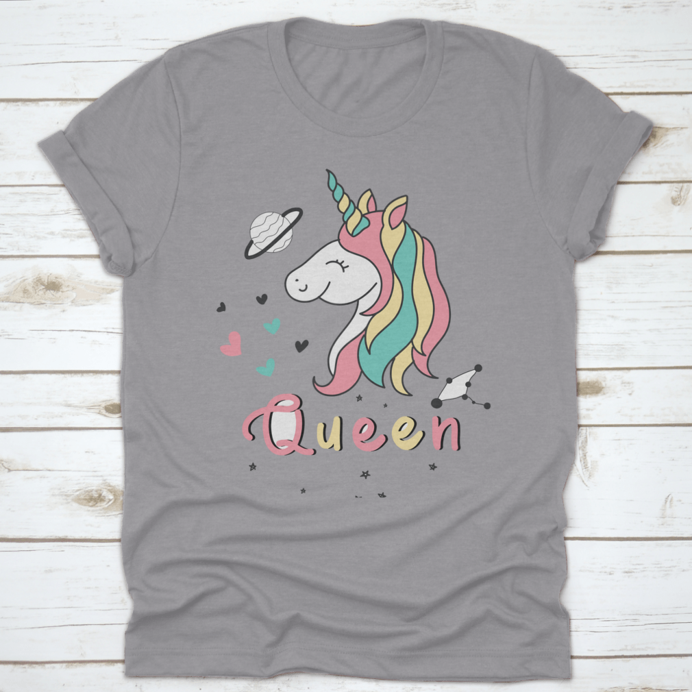 A colorful vector design featuring a cute unicorn surrounded by hearts, stars, and planets, perfect for whimsical fashion.