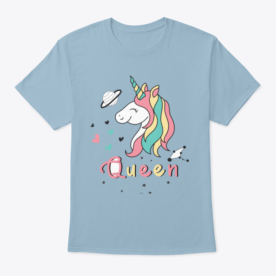 A colorful vector design featuring a cute unicorn surrounded by hearts, stars, and planets, perfect for whimsical fashion.