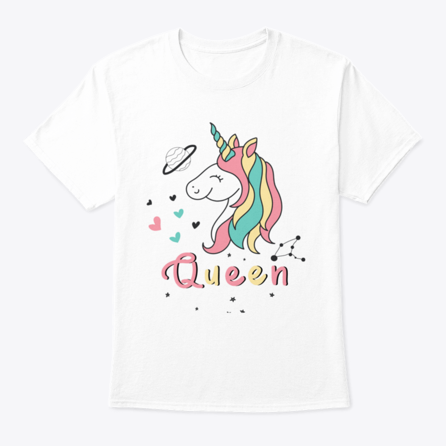 A colorful vector design featuring a cute unicorn surrounded by hearts, stars, and planets, perfect for whimsical fashion.