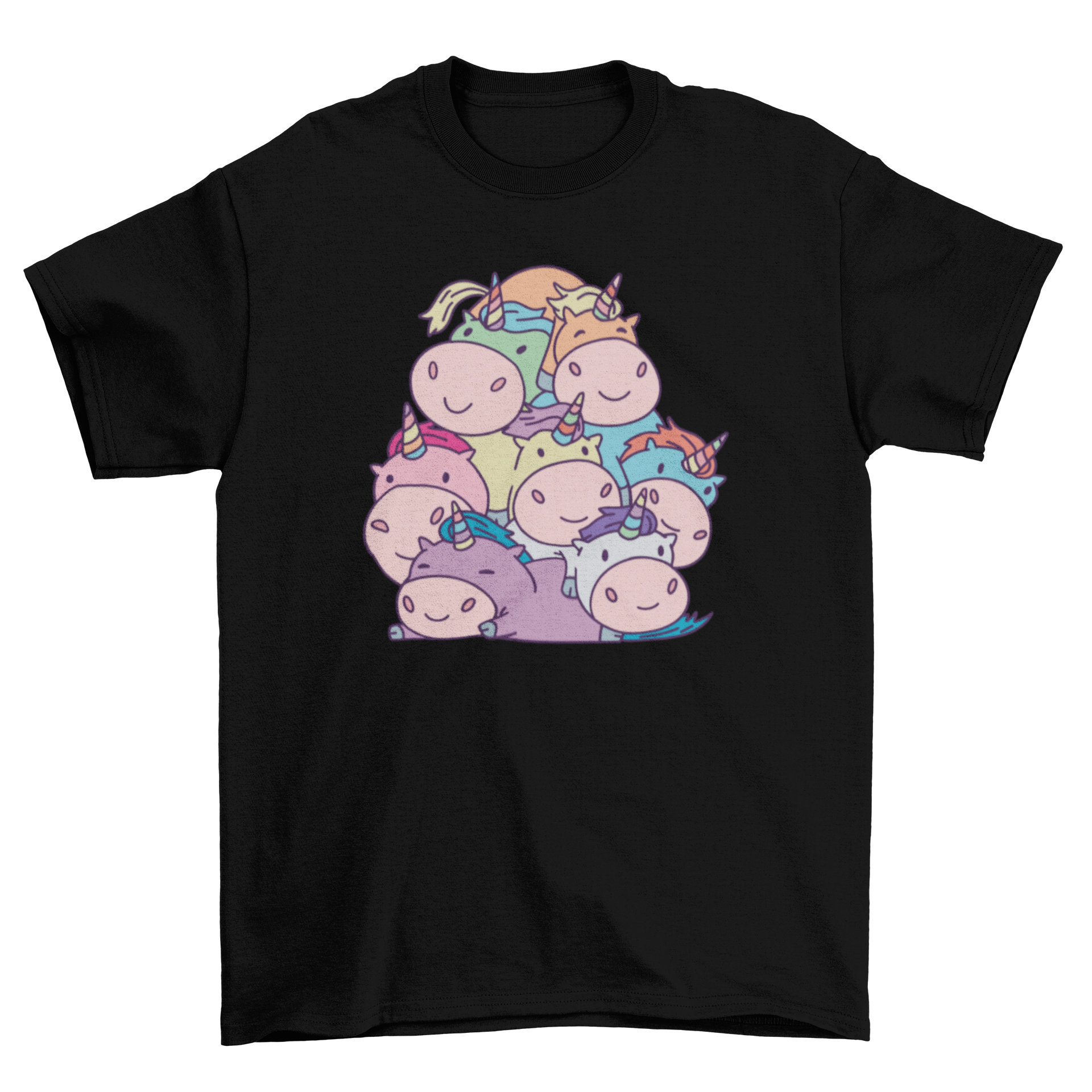 Cute t-shirt featuring a colorful pile of unicorns, perfect for unicorn lovers.