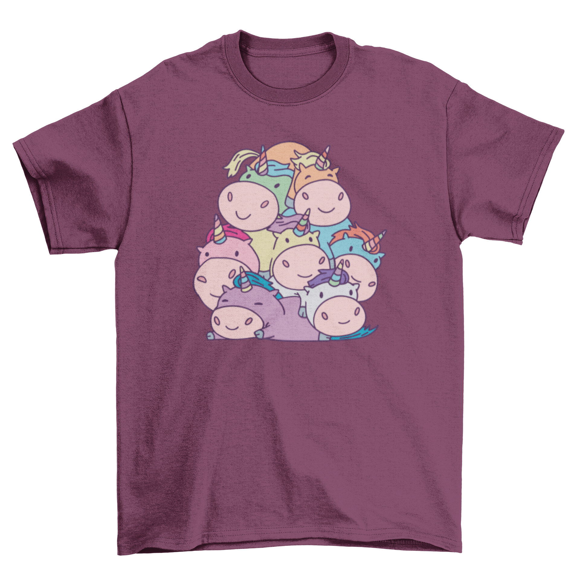 Cute t-shirt featuring a colorful pile of unicorns, perfect for unicorn lovers.