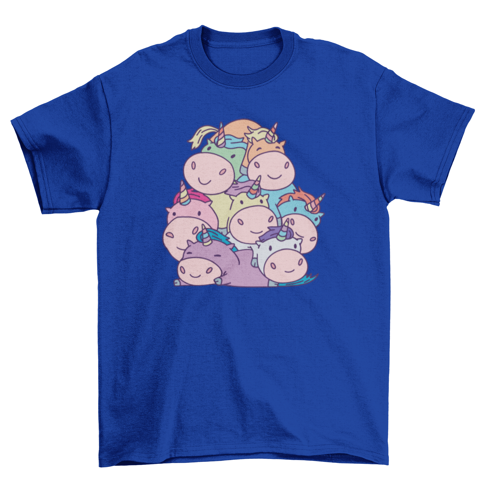 Cute t-shirt featuring a colorful pile of unicorns, perfect for unicorn lovers.