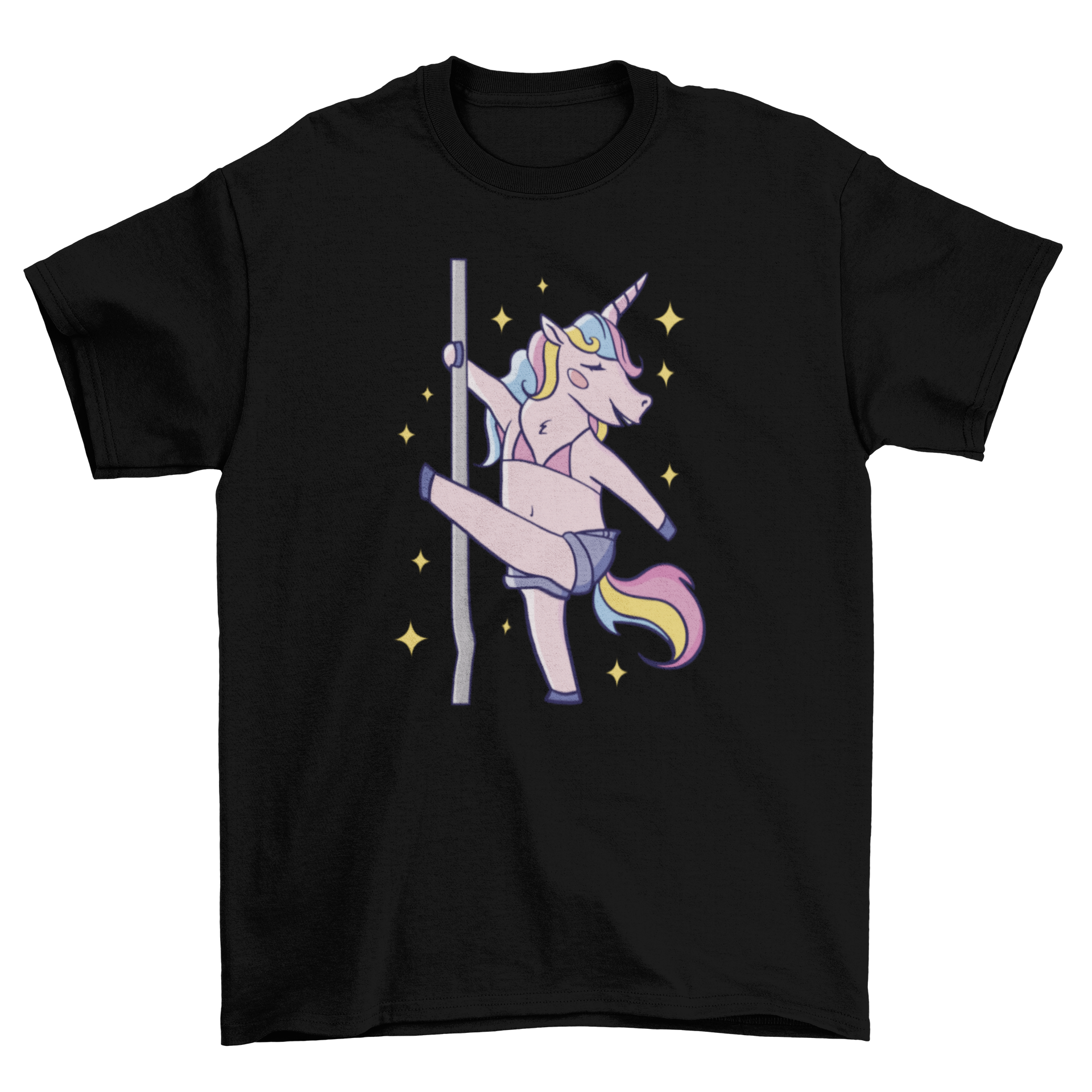 A cute unicorn dancing on a pole, featured on a stylish t-shirt, perfect for pole dance enthusiasts.