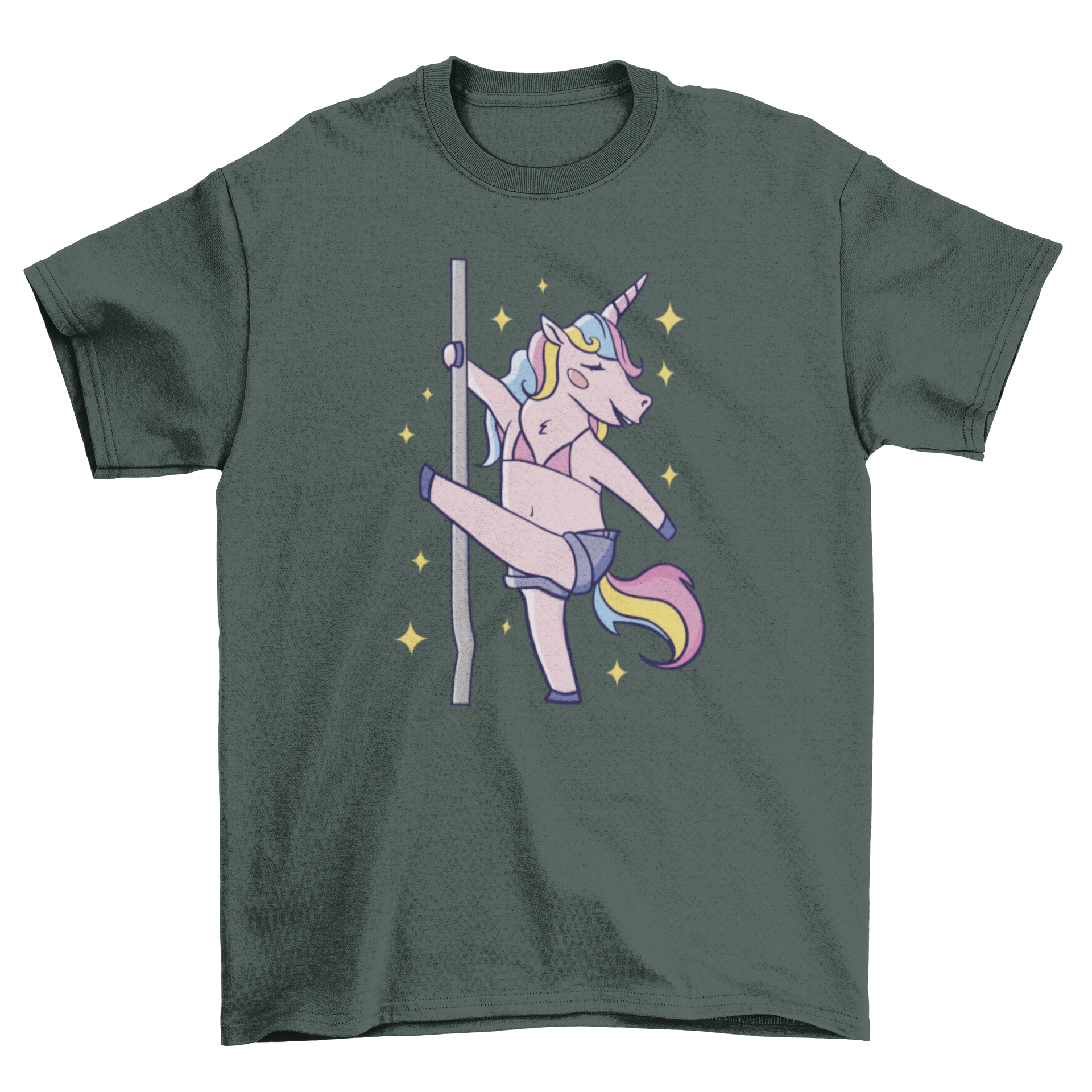 A cute unicorn dancing on a pole, featured on a stylish t-shirt, perfect for pole dance enthusiasts.