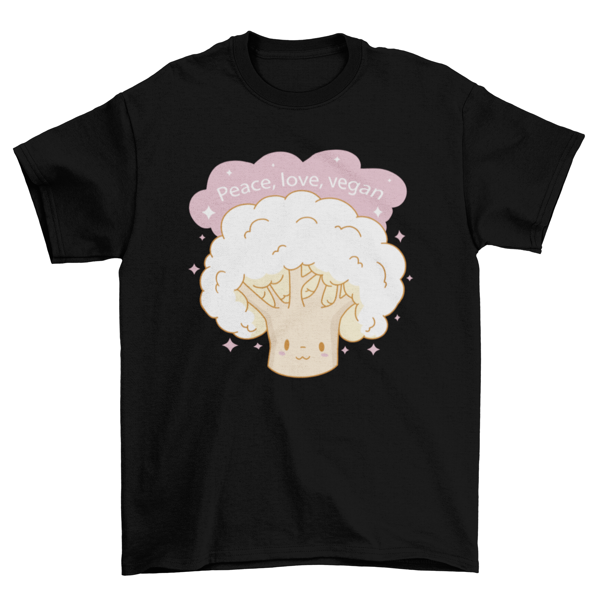 Cute vegan t-shirt featuring a playful cauliflower character and the quote 'Peace, love, vegan'.