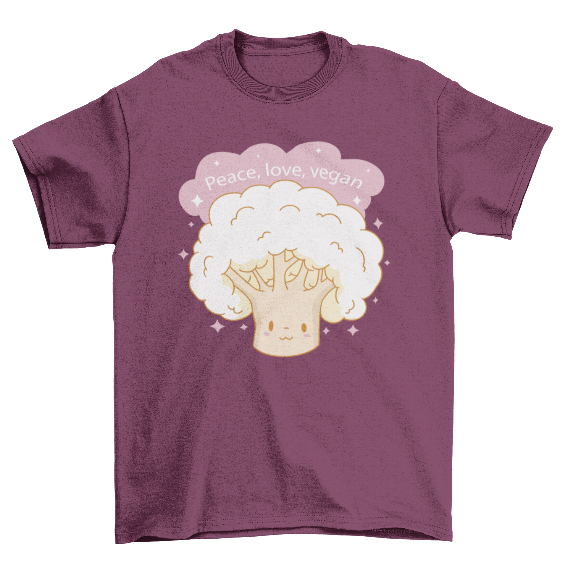 Cute vegan t-shirt featuring a playful cauliflower character and the quote 'Peace, love, vegan'.