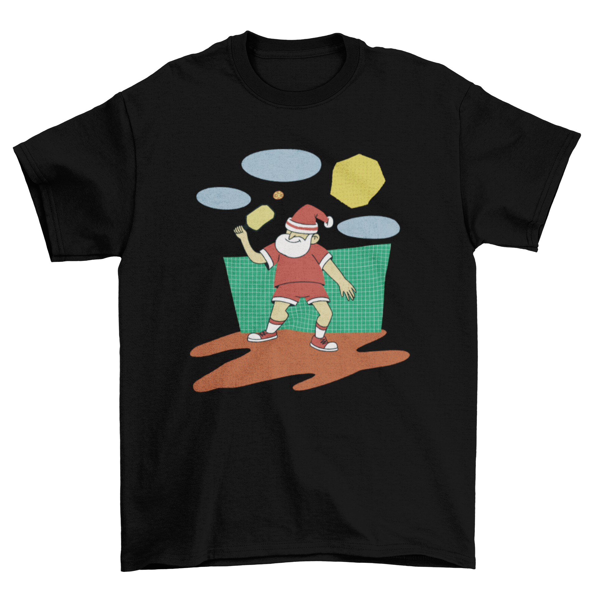 Cute Christmas t-shirt featuring Santa playing pickleball, perfect for holiday celebrations.