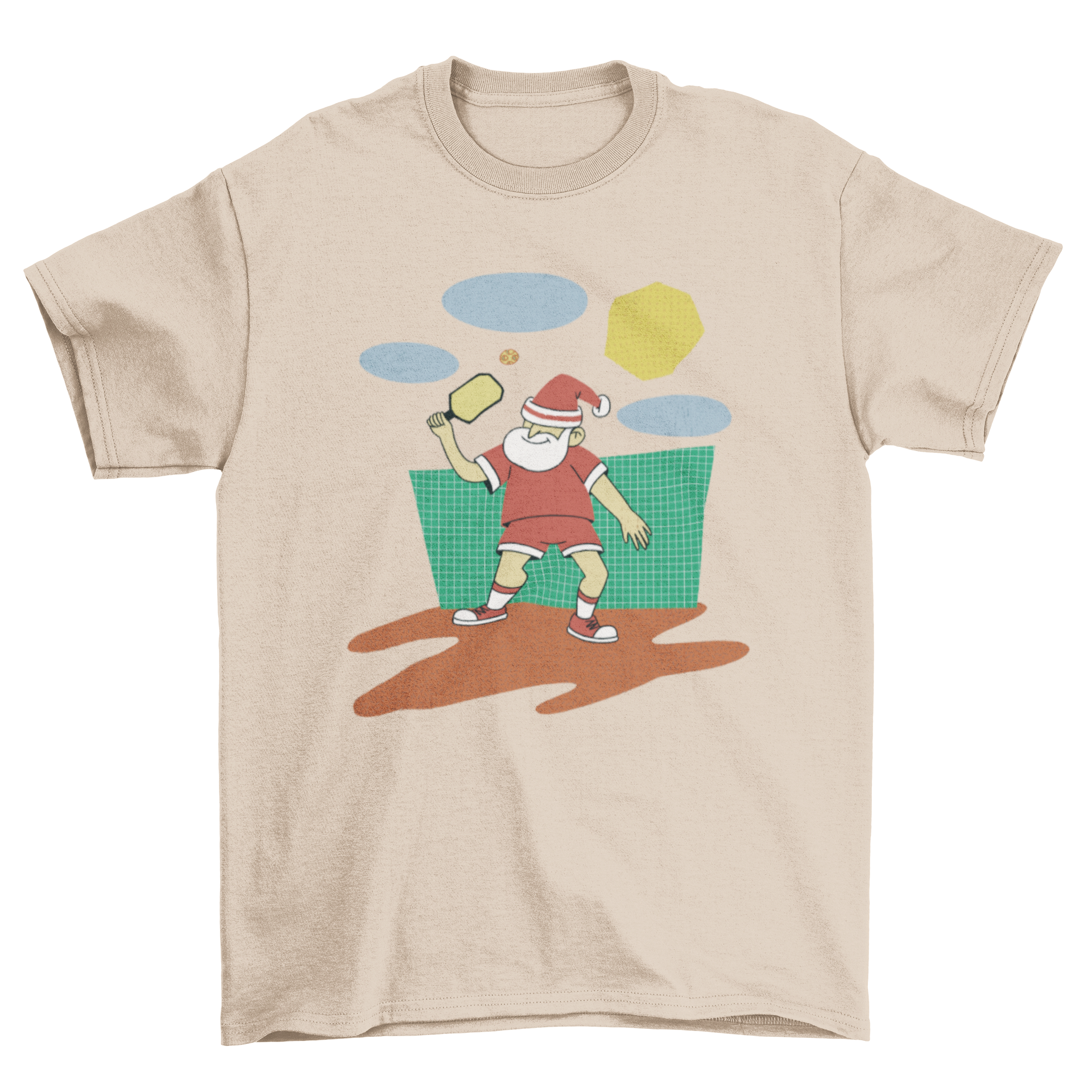 Cute Christmas t-shirt featuring Santa playing pickleball, perfect for holiday celebrations.