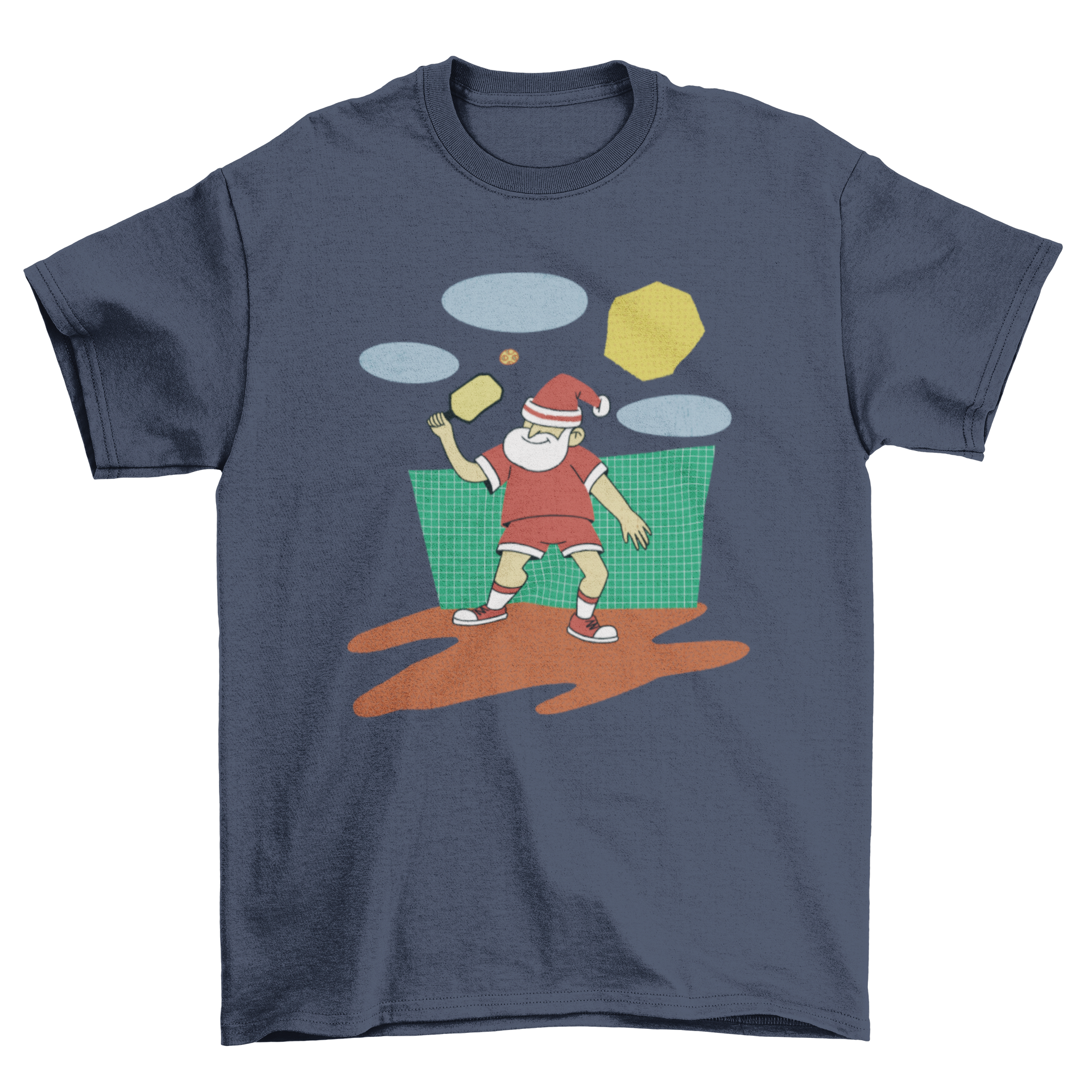 Cute Christmas t-shirt featuring Santa playing pickleball, perfect for holiday celebrations.