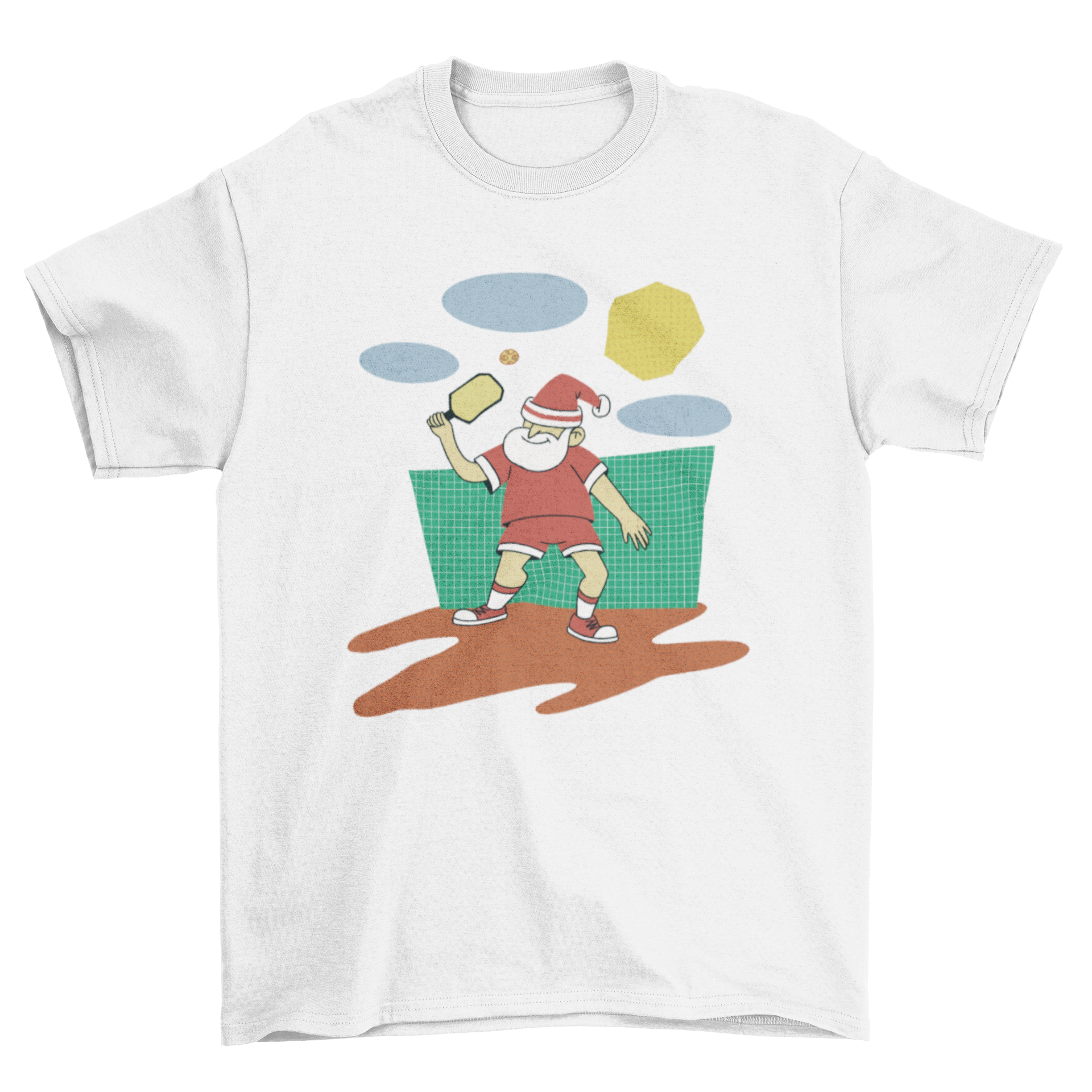 Cute Christmas t-shirt featuring Santa playing pickleball, perfect for holiday celebrations.