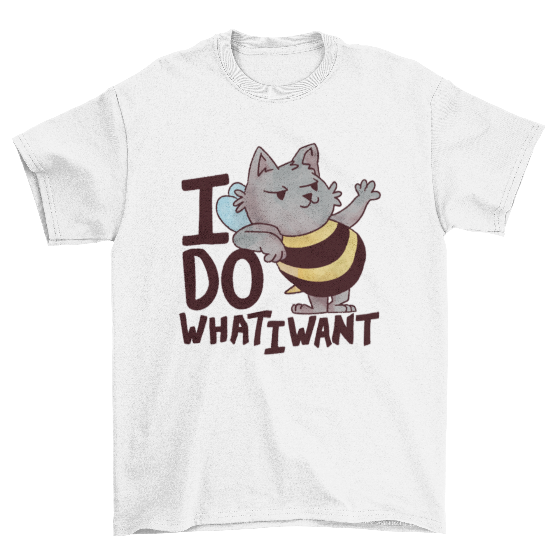 A funny t-shirt featuring a cartoon cat with bee wings and the quote 'I do what I want'.