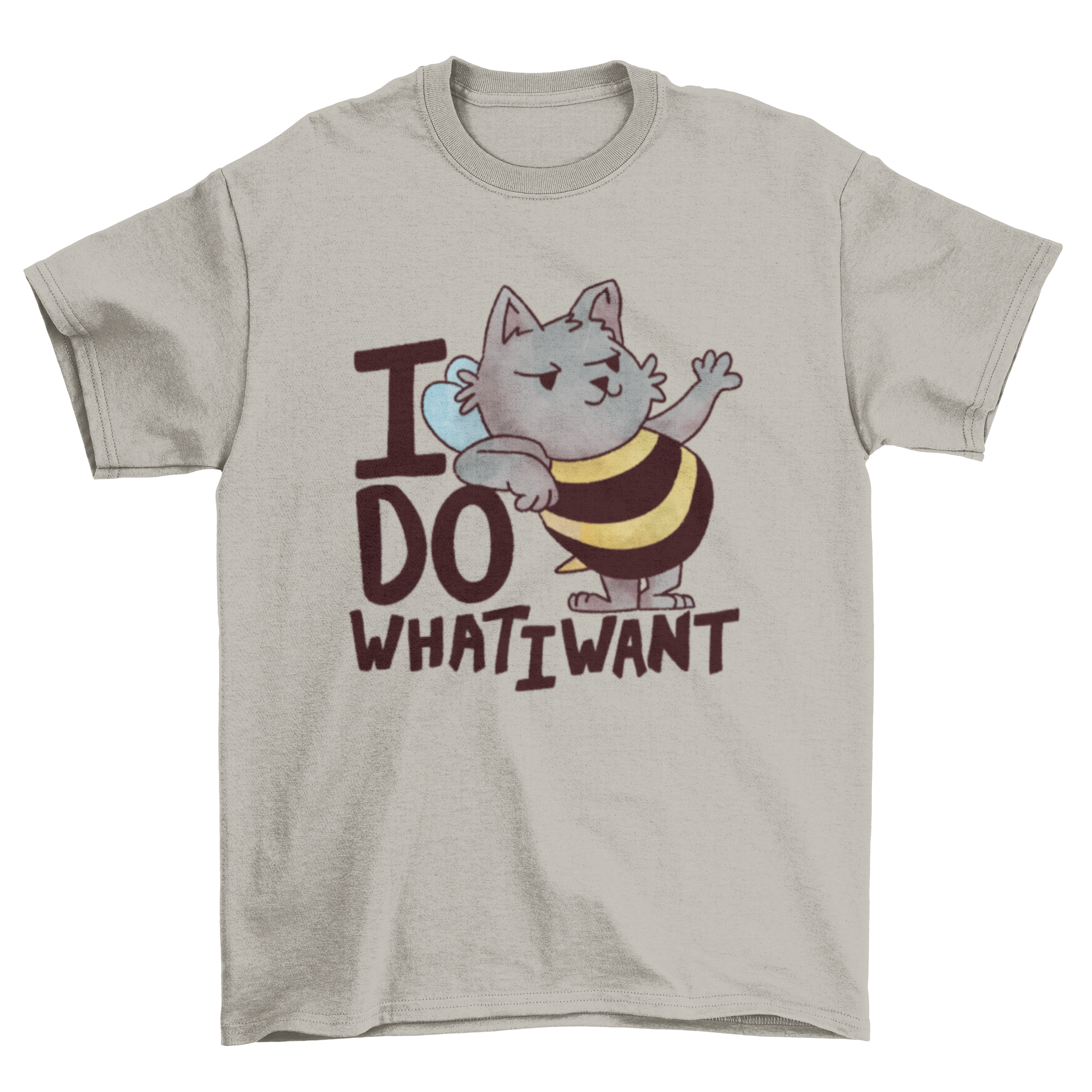 A funny t-shirt featuring a cartoon cat with bee wings and the quote 'I do what I want'.