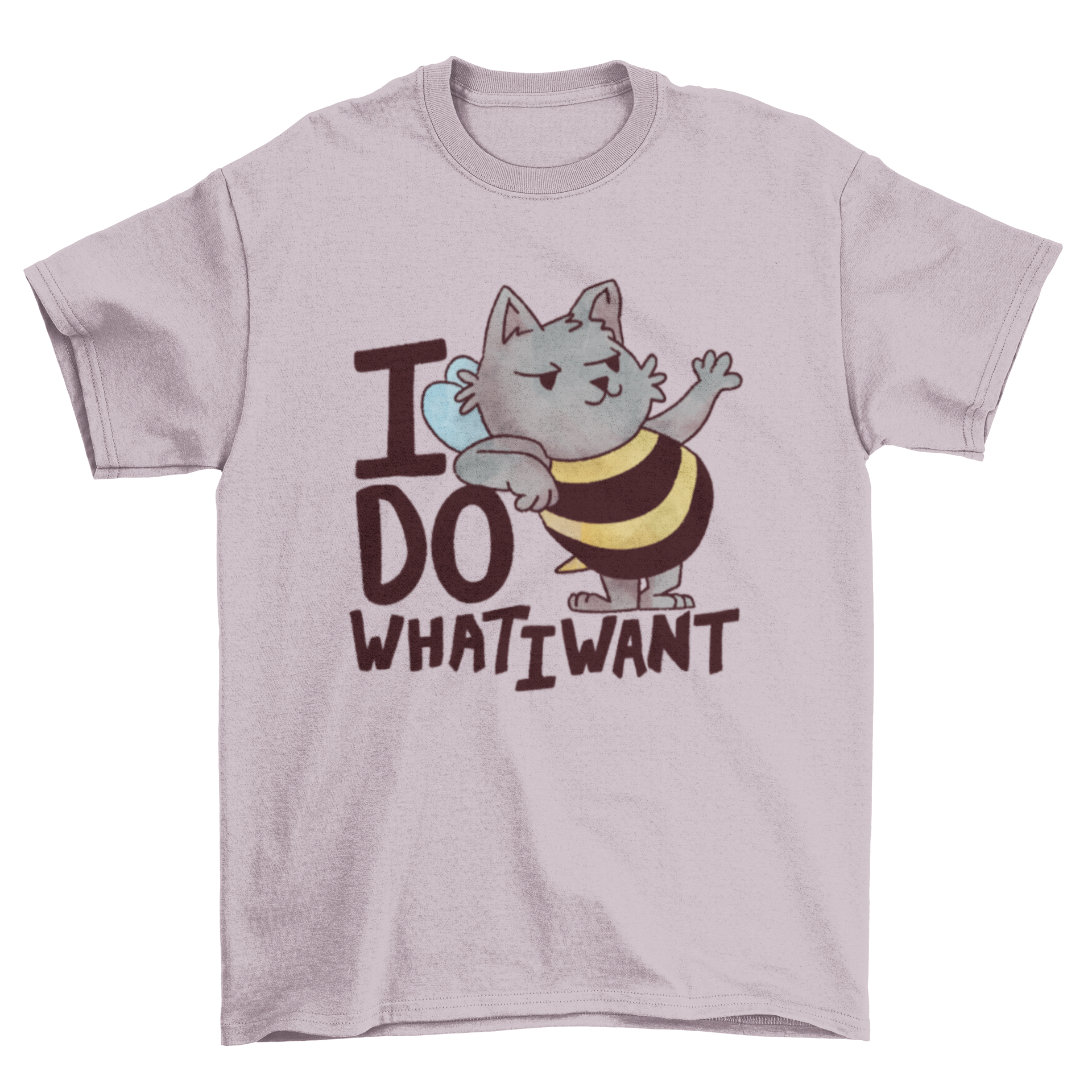 A funny t-shirt featuring a cartoon cat with bee wings and the quote 'I do what I want'.