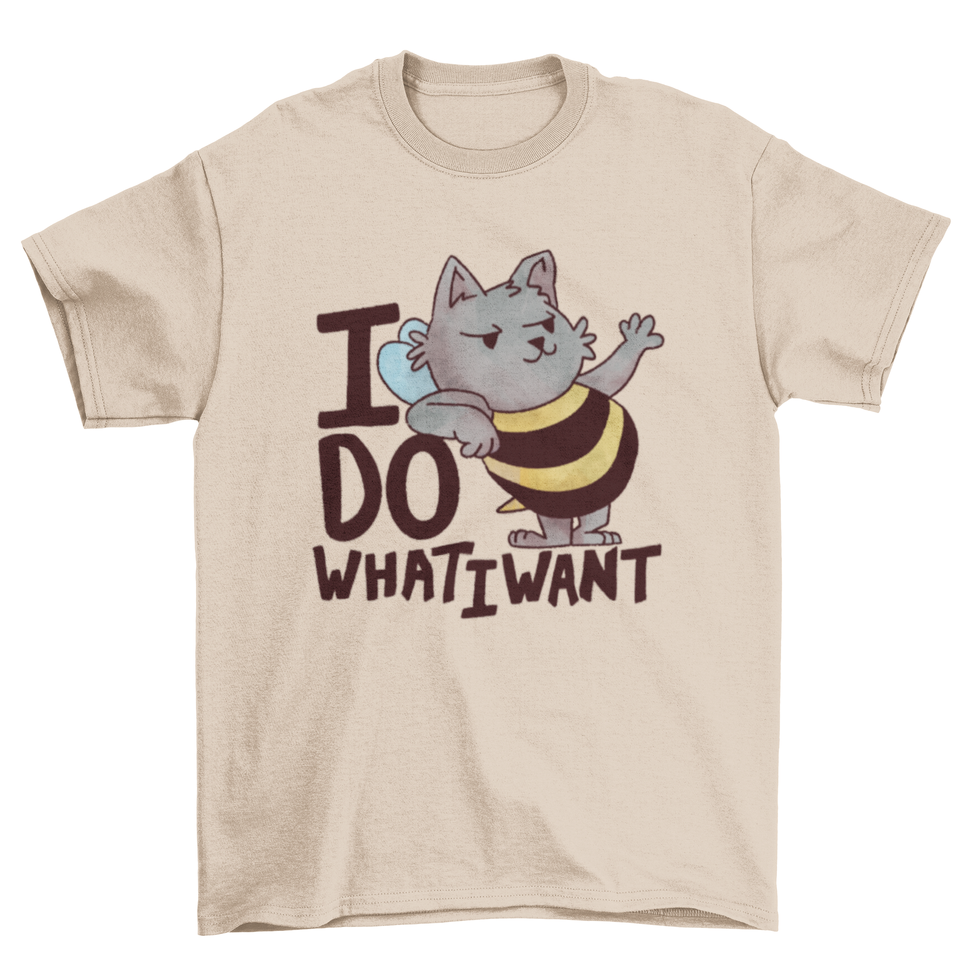 A funny t-shirt featuring a cartoon cat with bee wings and the quote 'I do what I want'.