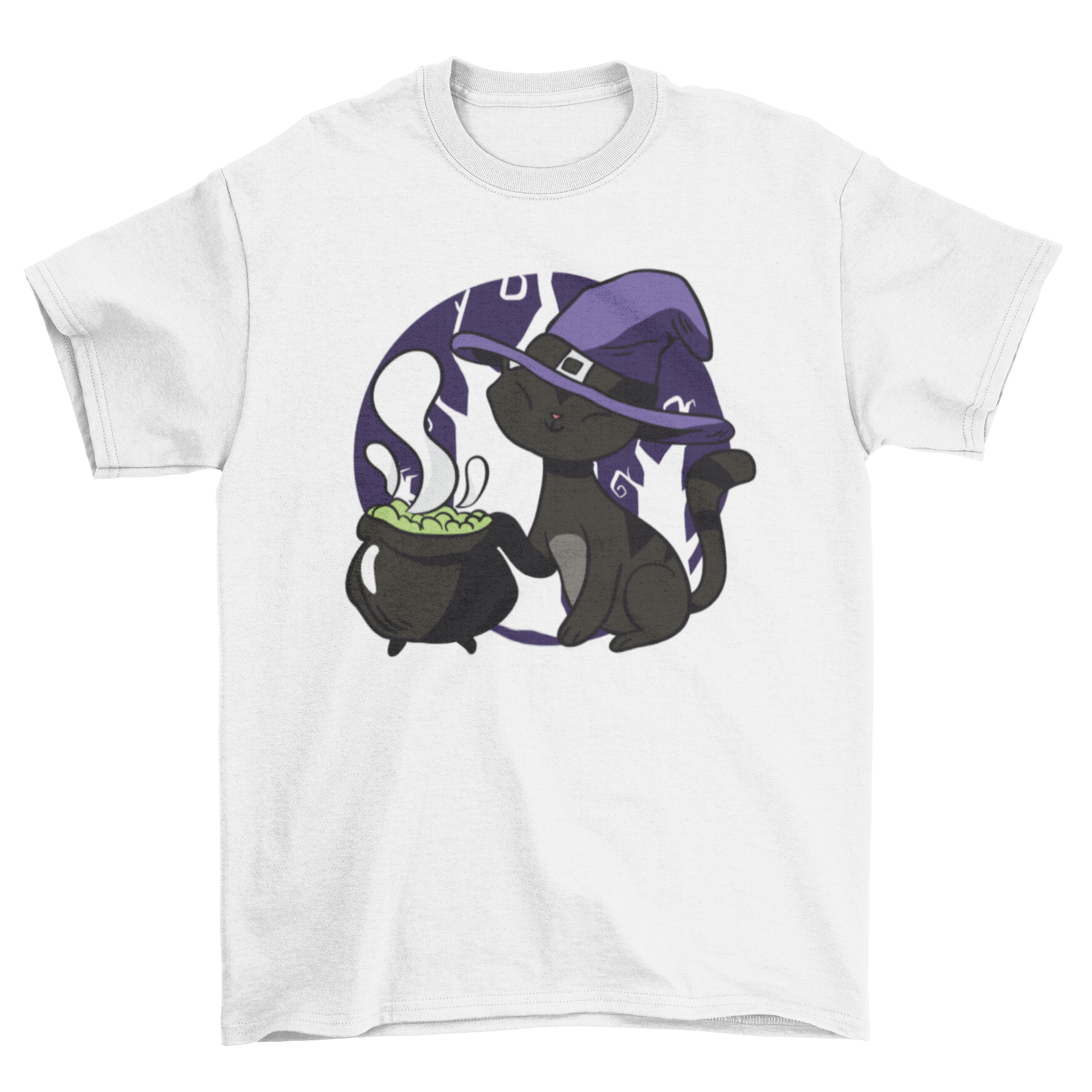 Cute witch cat t-shirt featuring a black cat in a witch hat with a cauldron beside it, perfect for Halloween.