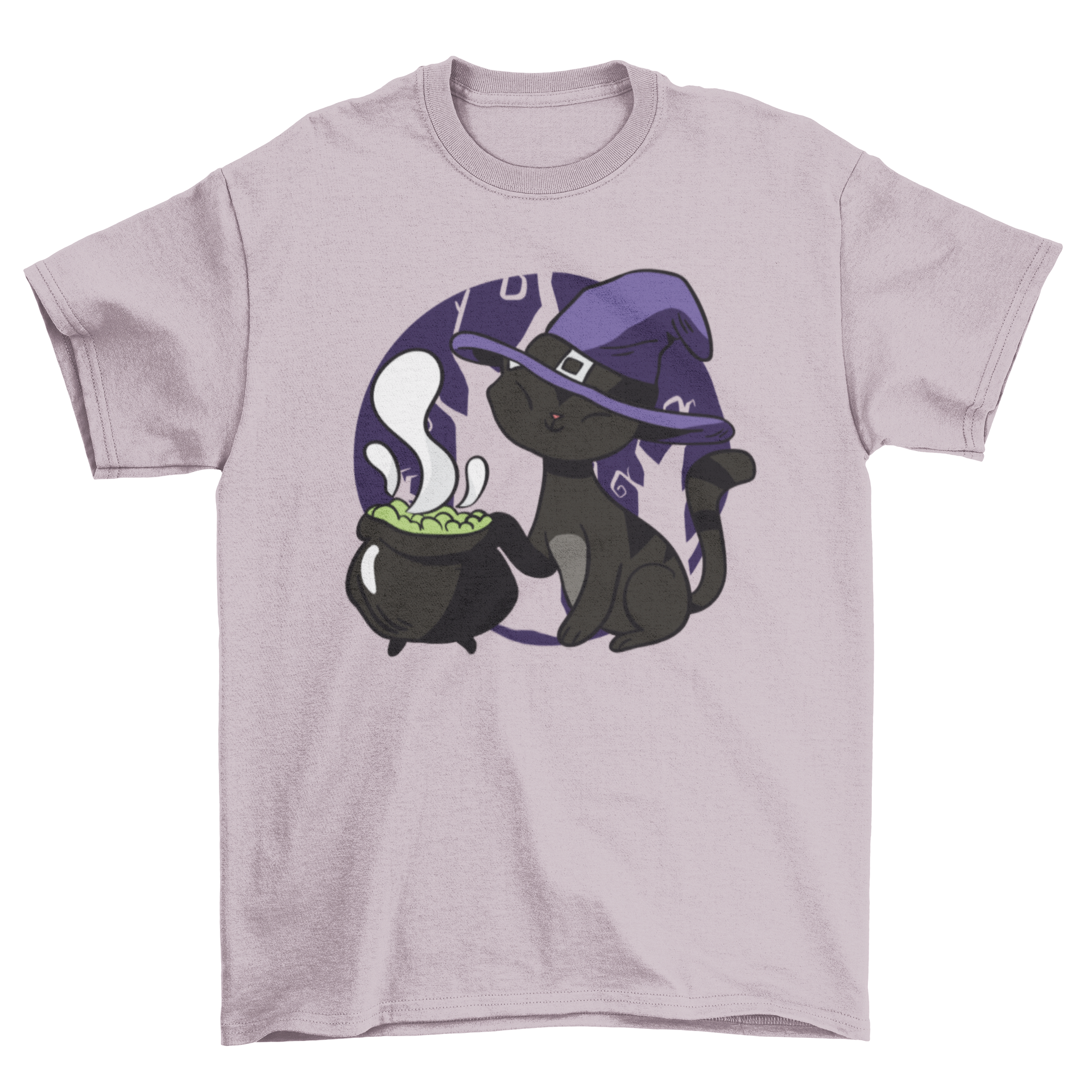 Cute witch cat t-shirt featuring a black cat in a witch hat with a cauldron beside it, perfect for Halloween.