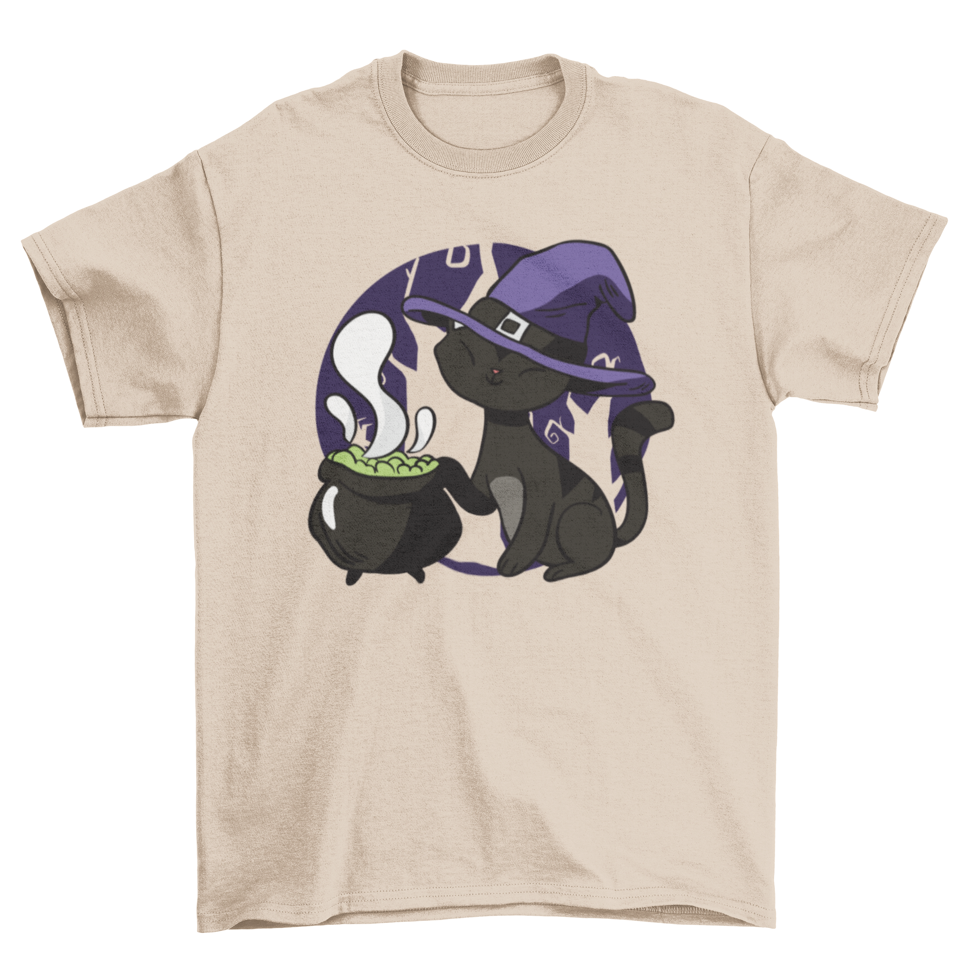 Cute witch cat t-shirt featuring a black cat in a witch hat with a cauldron beside it, perfect for Halloween.