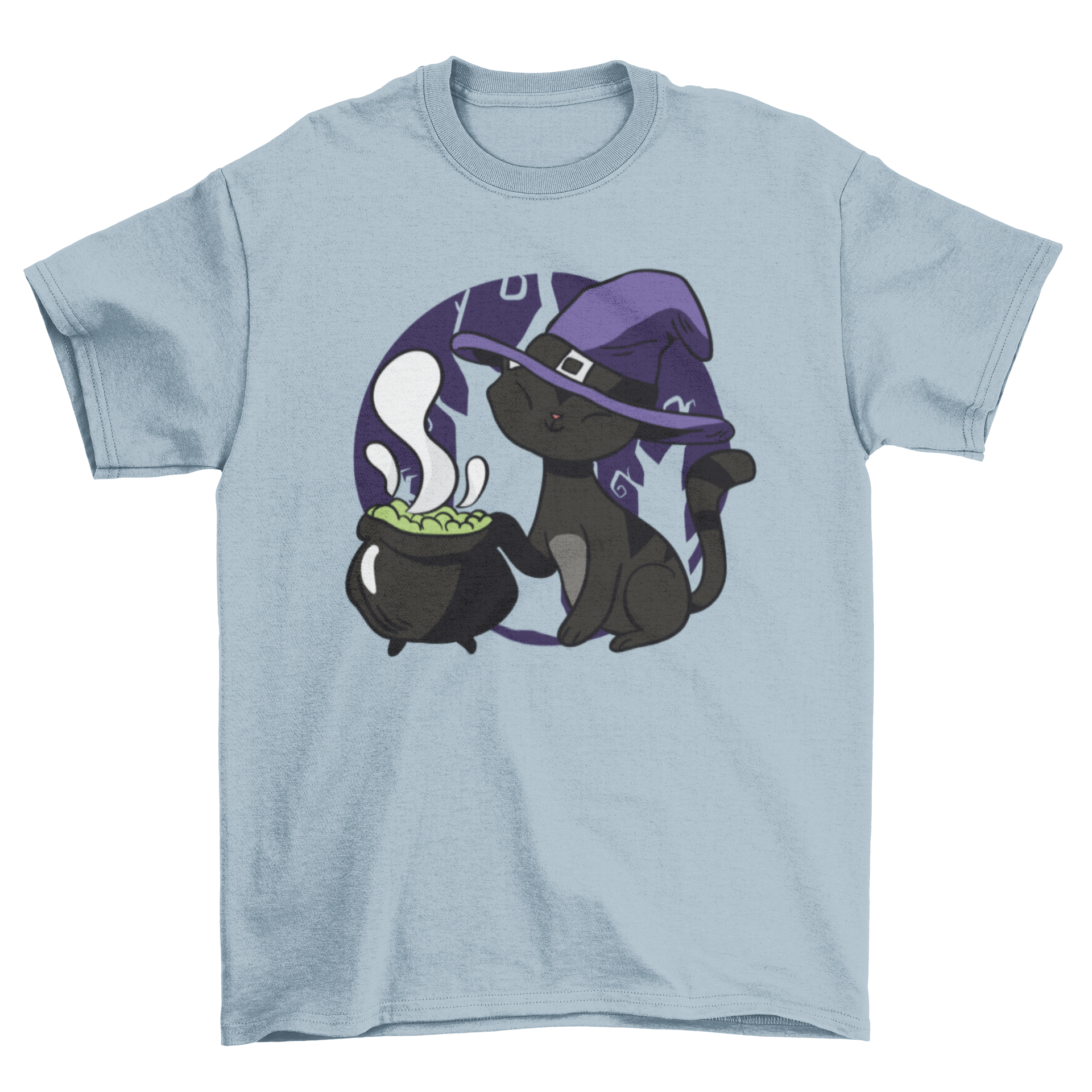 Cute witch cat t-shirt featuring a black cat in a witch hat with a cauldron beside it, perfect for Halloween.