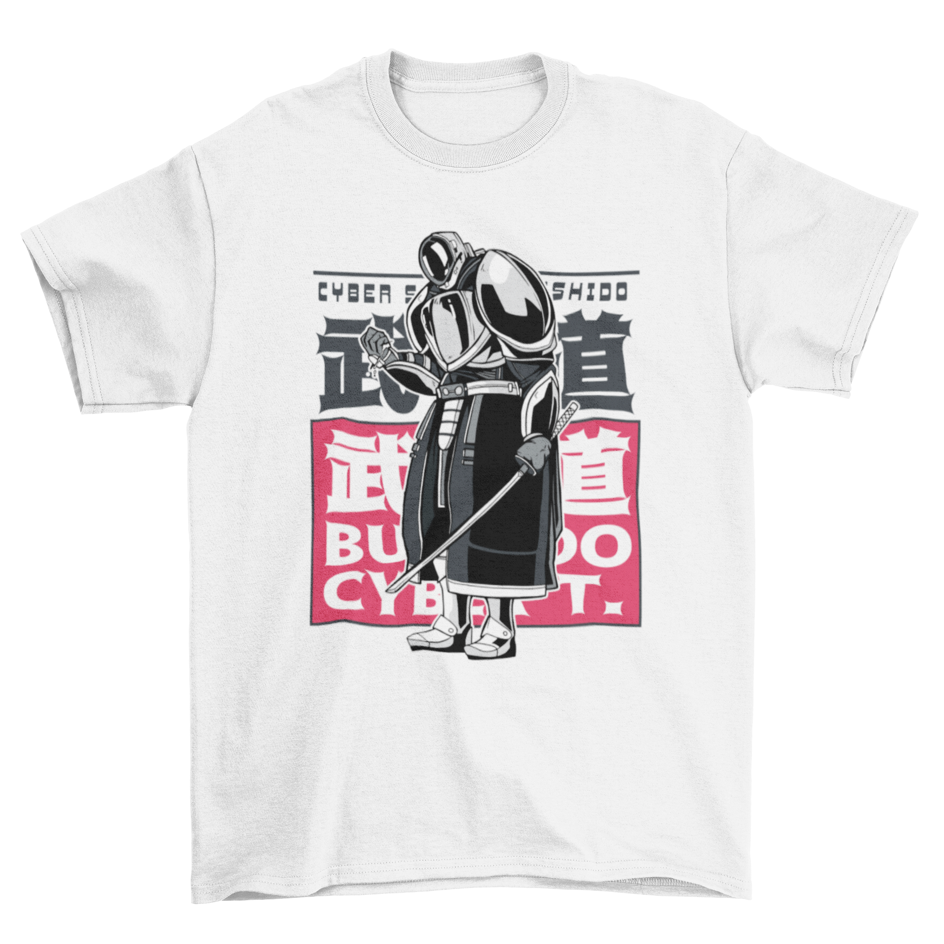 A stylish Cyber Samurai T-shirt featuring a vibrant samurai design with Japanese characters in the background, perfect for anime fans.