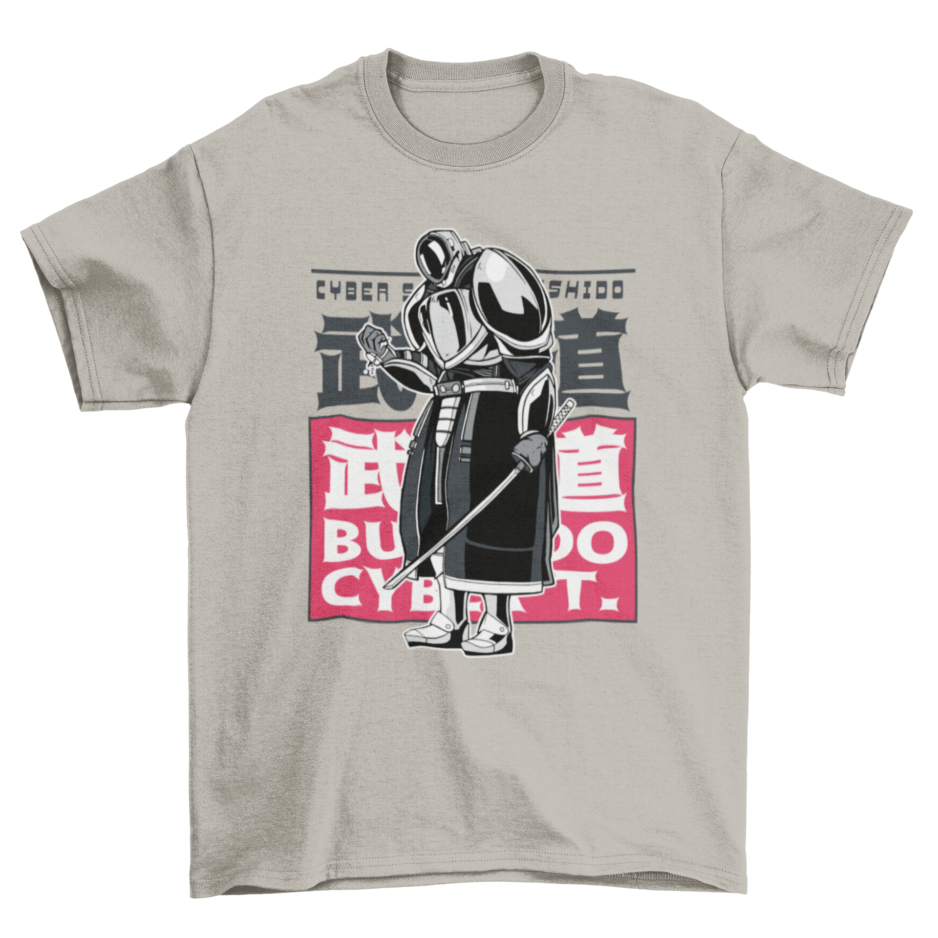 A stylish Cyber Samurai T-shirt featuring a vibrant samurai design with Japanese characters in the background, perfect for anime fans.