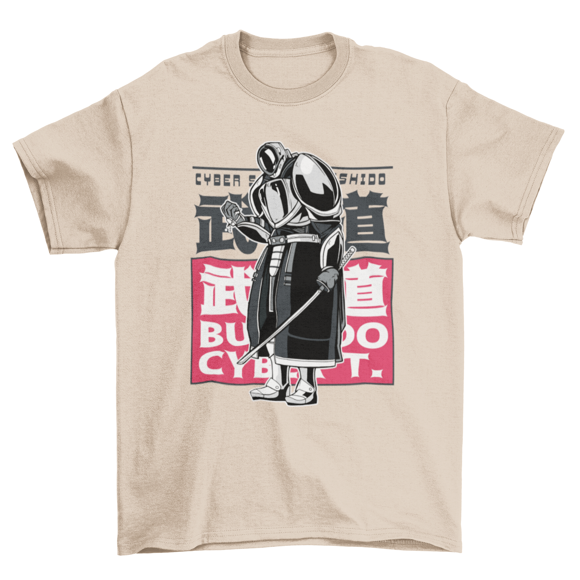 A stylish Cyber Samurai T-shirt featuring a vibrant samurai design with Japanese characters in the background, perfect for anime fans.