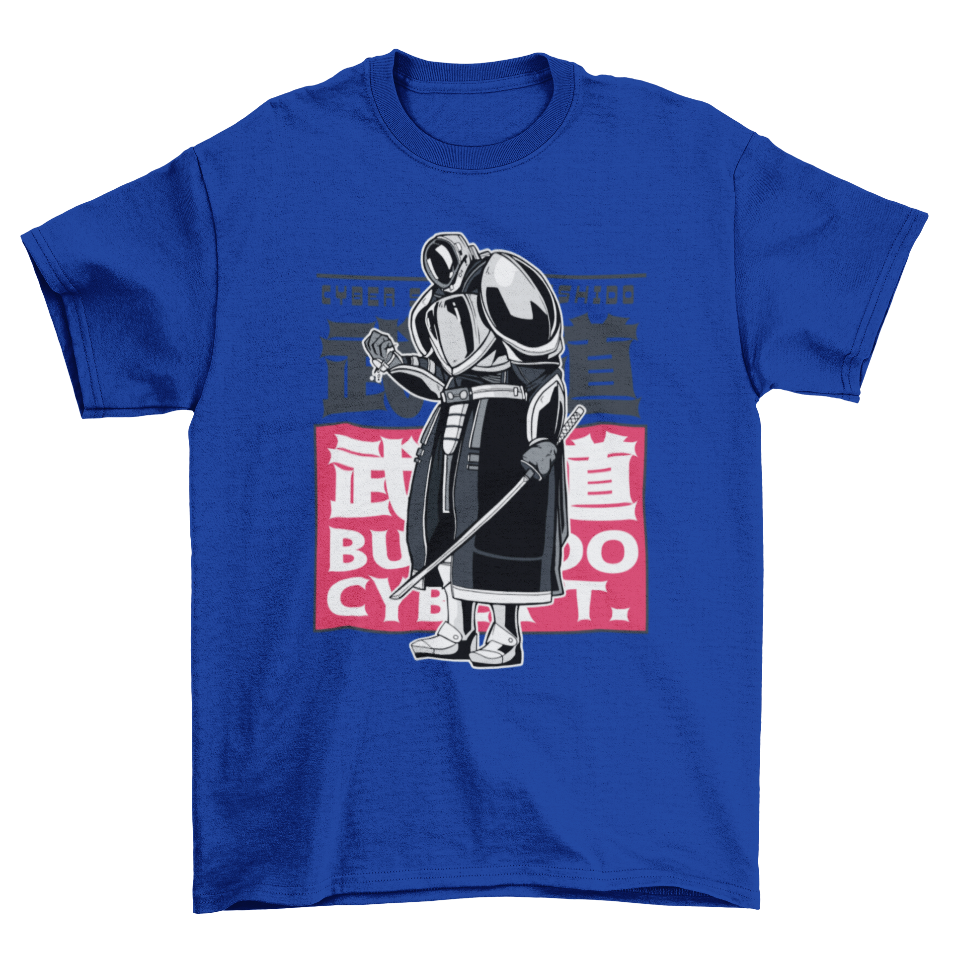 A stylish Cyber Samurai T-shirt featuring a vibrant samurai design with Japanese characters in the background, perfect for anime fans.