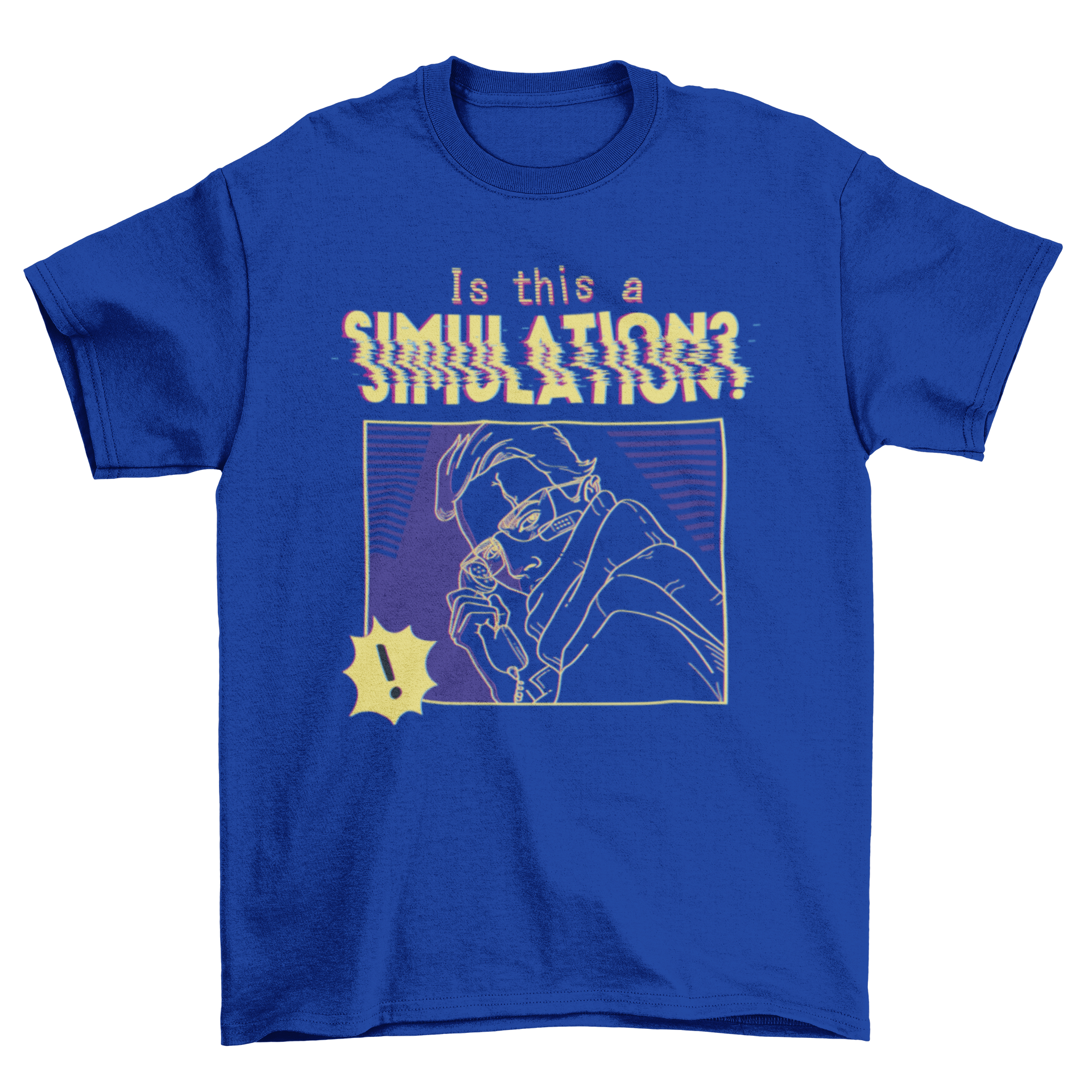 Cyber simulation t-shirt featuring a man holding a phone with the quote 'Is this a simulation?'