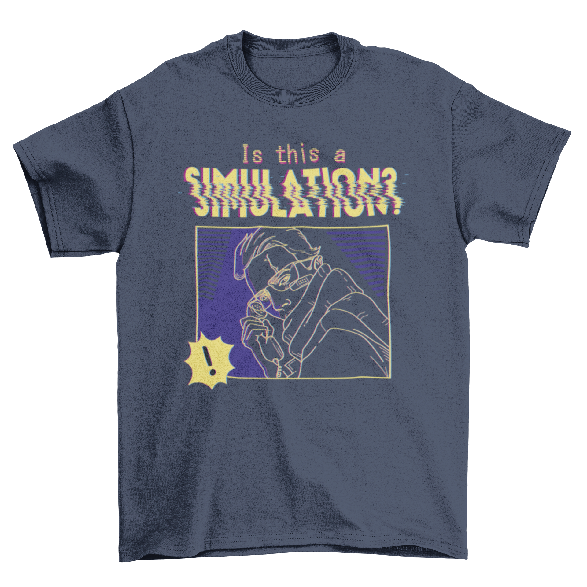 Cyber simulation t-shirt featuring a man holding a phone with the quote 'Is this a simulation?'