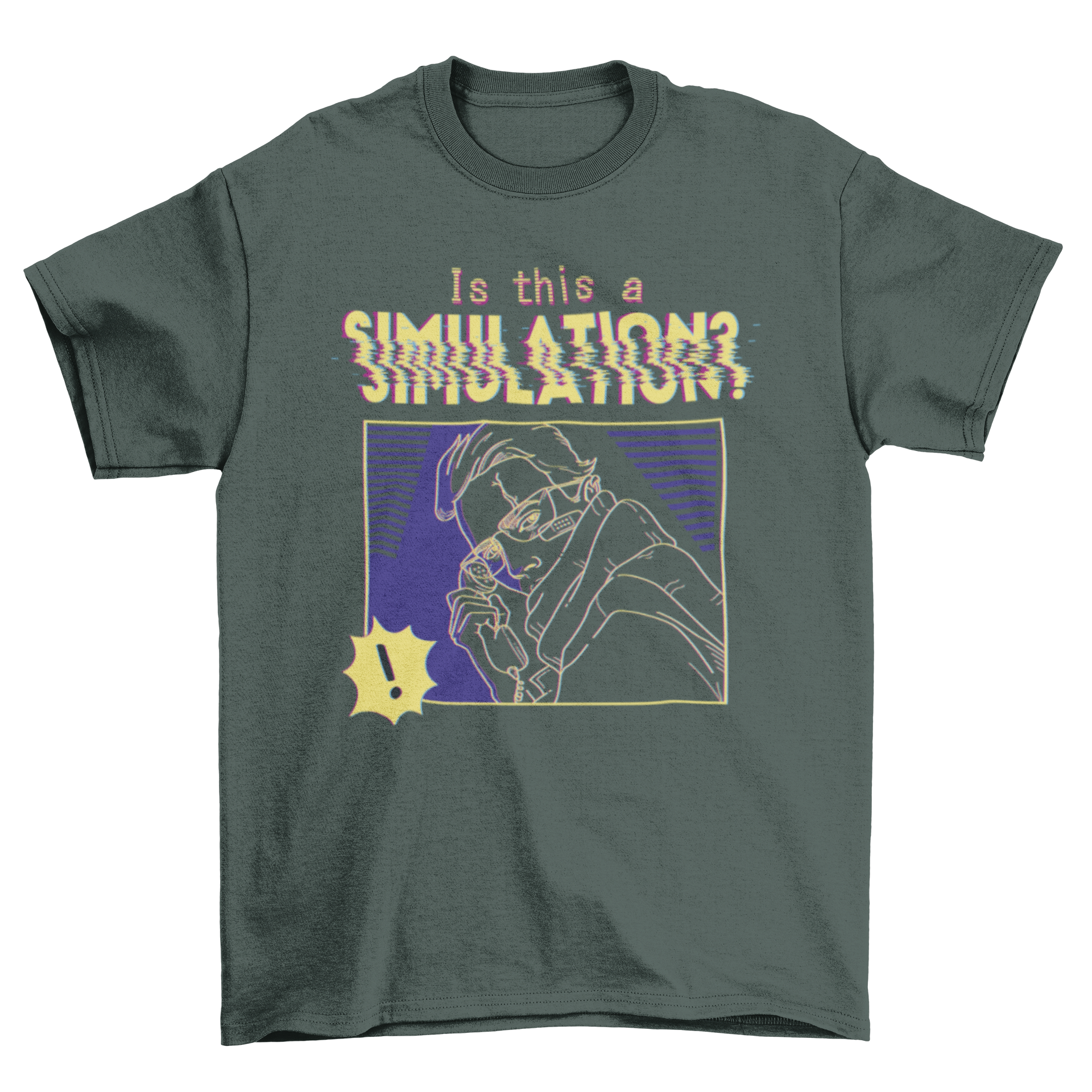 Cyber simulation t-shirt featuring a man holding a phone with the quote 'Is this a simulation?'