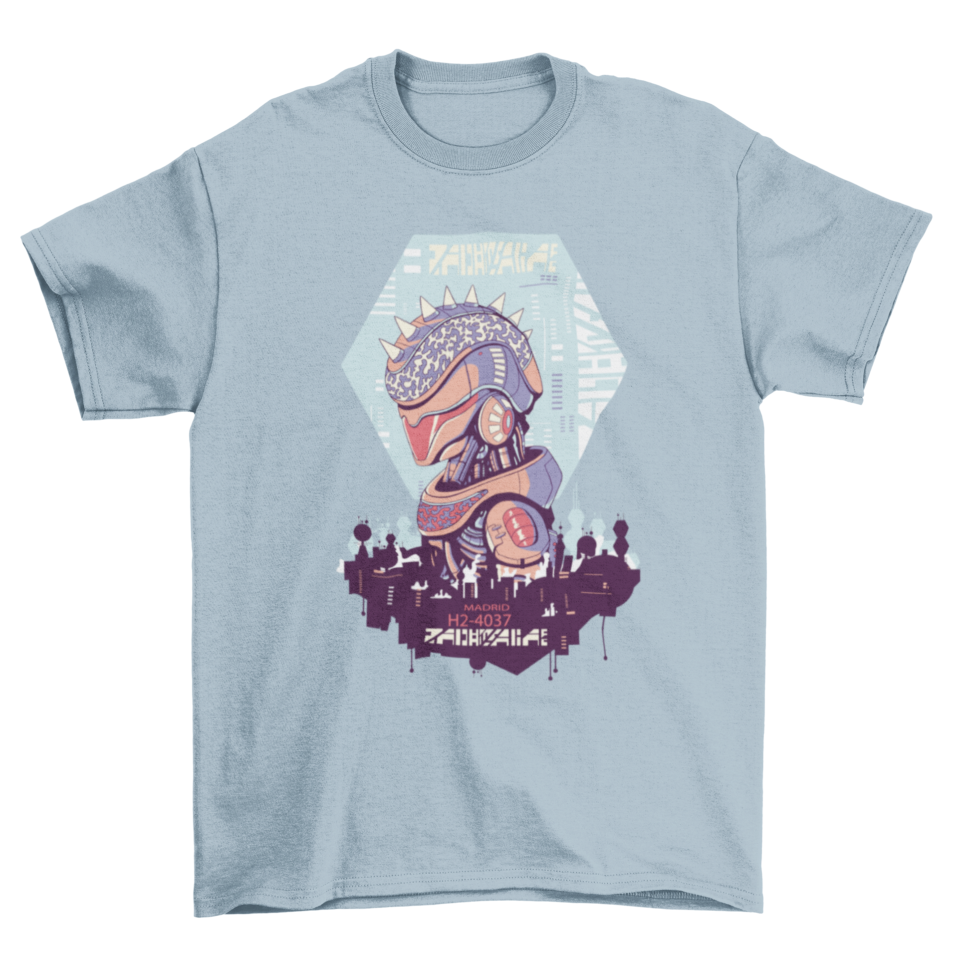 Cyber urban sci-fi robot t-shirt featuring a robot with a spiked helmet against a futuristic city skyline.