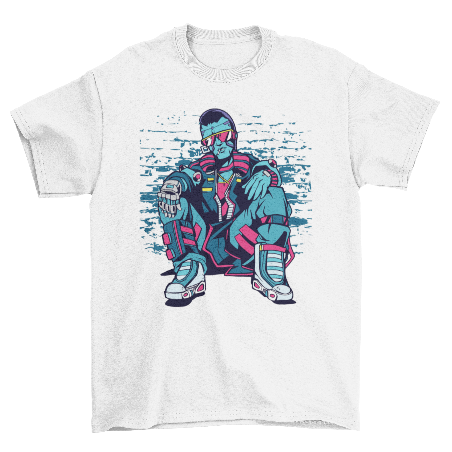 Cyberpunk Urban Man T-Shirt featuring a graphic of a cyberpunk man sitting in an alley, showcasing a unique and stylish design.