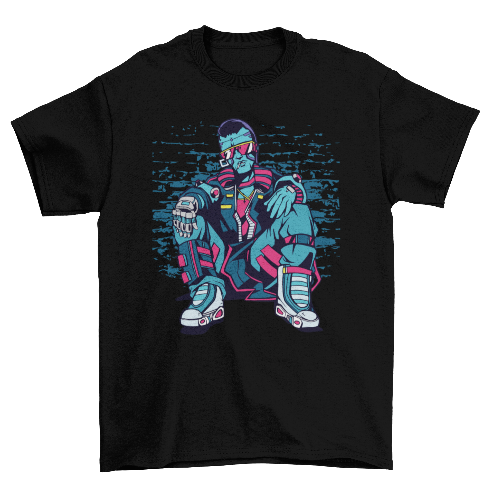 Cyberpunk Urban Man T-Shirt featuring a graphic of a cyberpunk man sitting in an alley, showcasing a unique and stylish design.