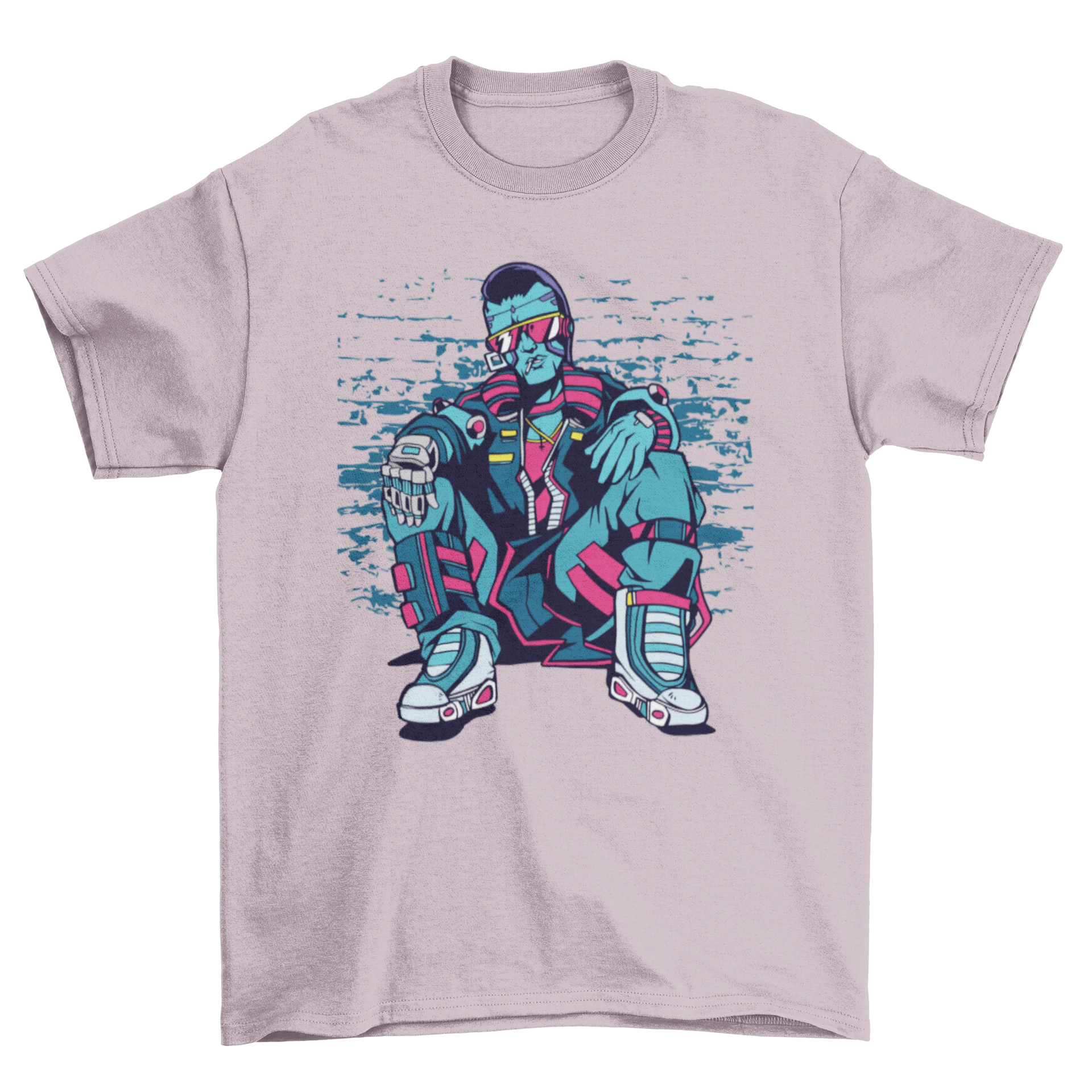 Cyberpunk Urban Man T-Shirt featuring a graphic of a cyberpunk man sitting in an alley, showcasing a unique and stylish design.