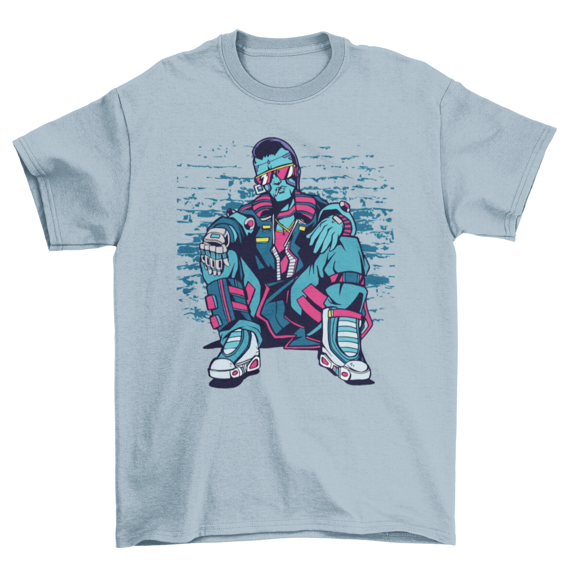 Cyberpunk Urban Man T-Shirt featuring a graphic of a cyberpunk man sitting in an alley, showcasing a unique and stylish design.