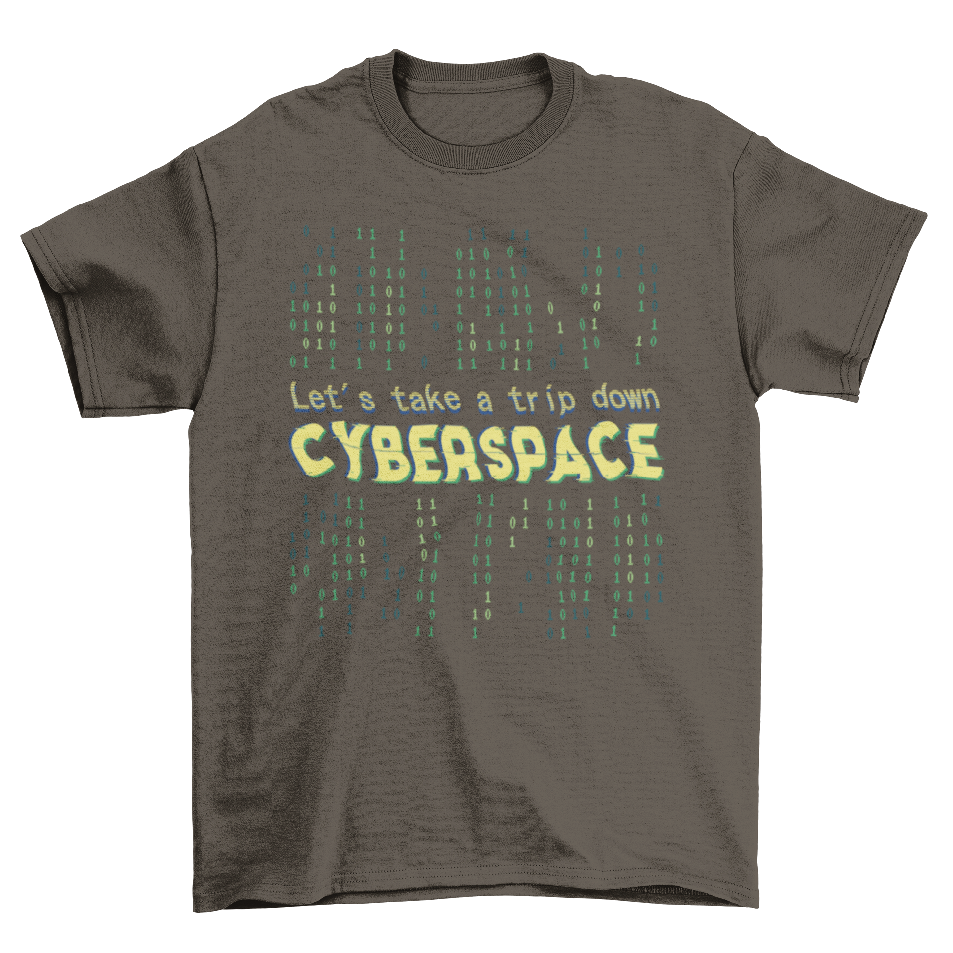 A stylish t-shirt featuring binary code and the quote 'Let's take a trip down cyberspace', perfect for tech enthusiasts.