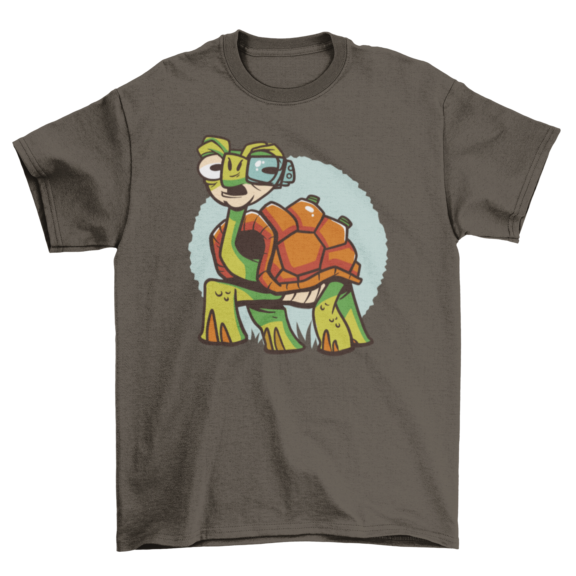 Cyborg turtle t-shirt design featuring a turtle with a futuristic cyborg eye, showcasing vibrant colors and unique artwork.