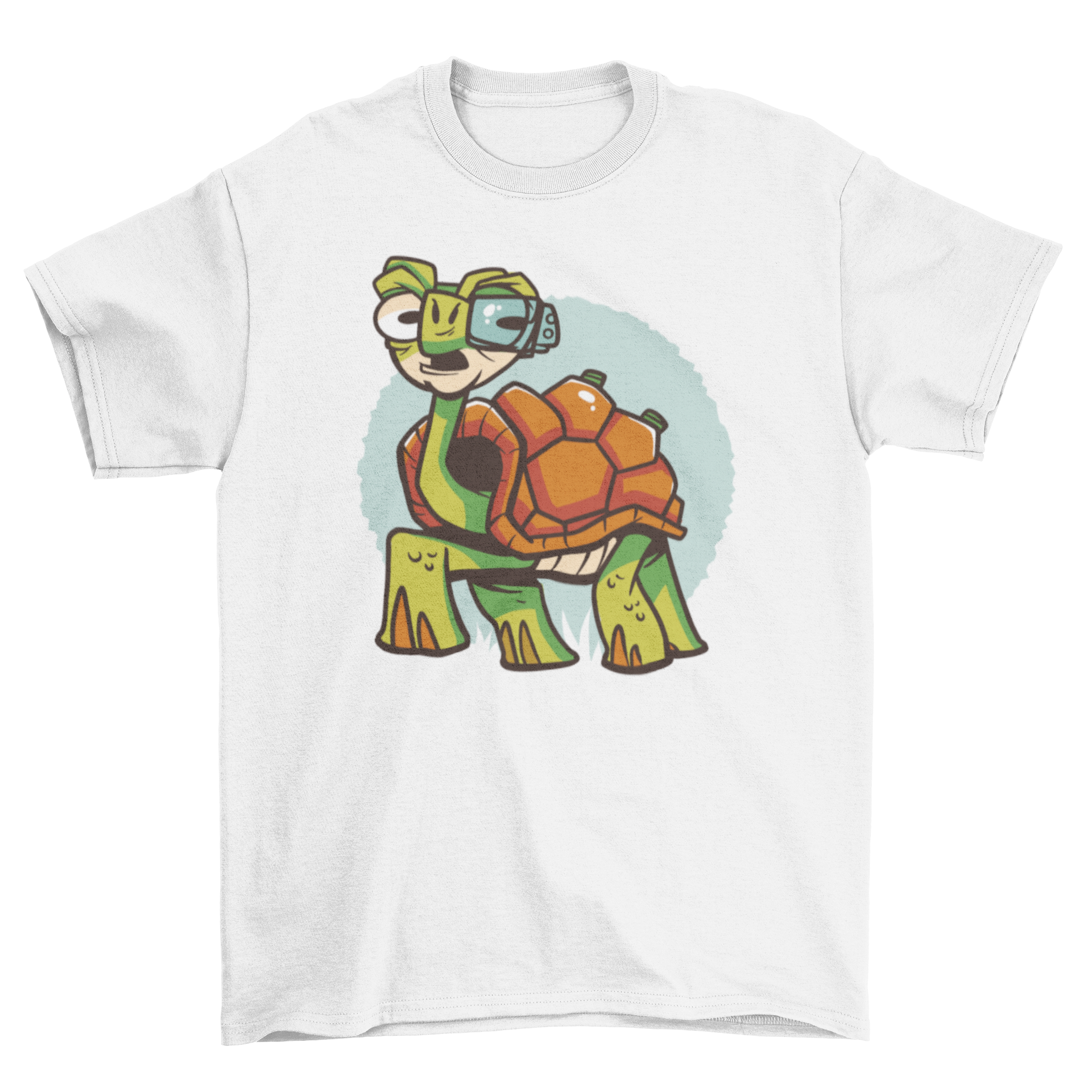 Cyborg turtle t-shirt design featuring a turtle with a futuristic cyborg eye, showcasing vibrant colors and unique artwork.