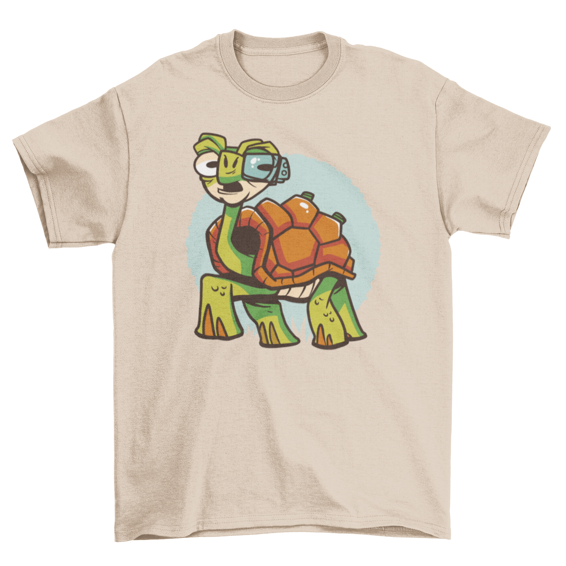 Cyborg turtle t-shirt design featuring a turtle with a futuristic cyborg eye, showcasing vibrant colors and unique artwork.