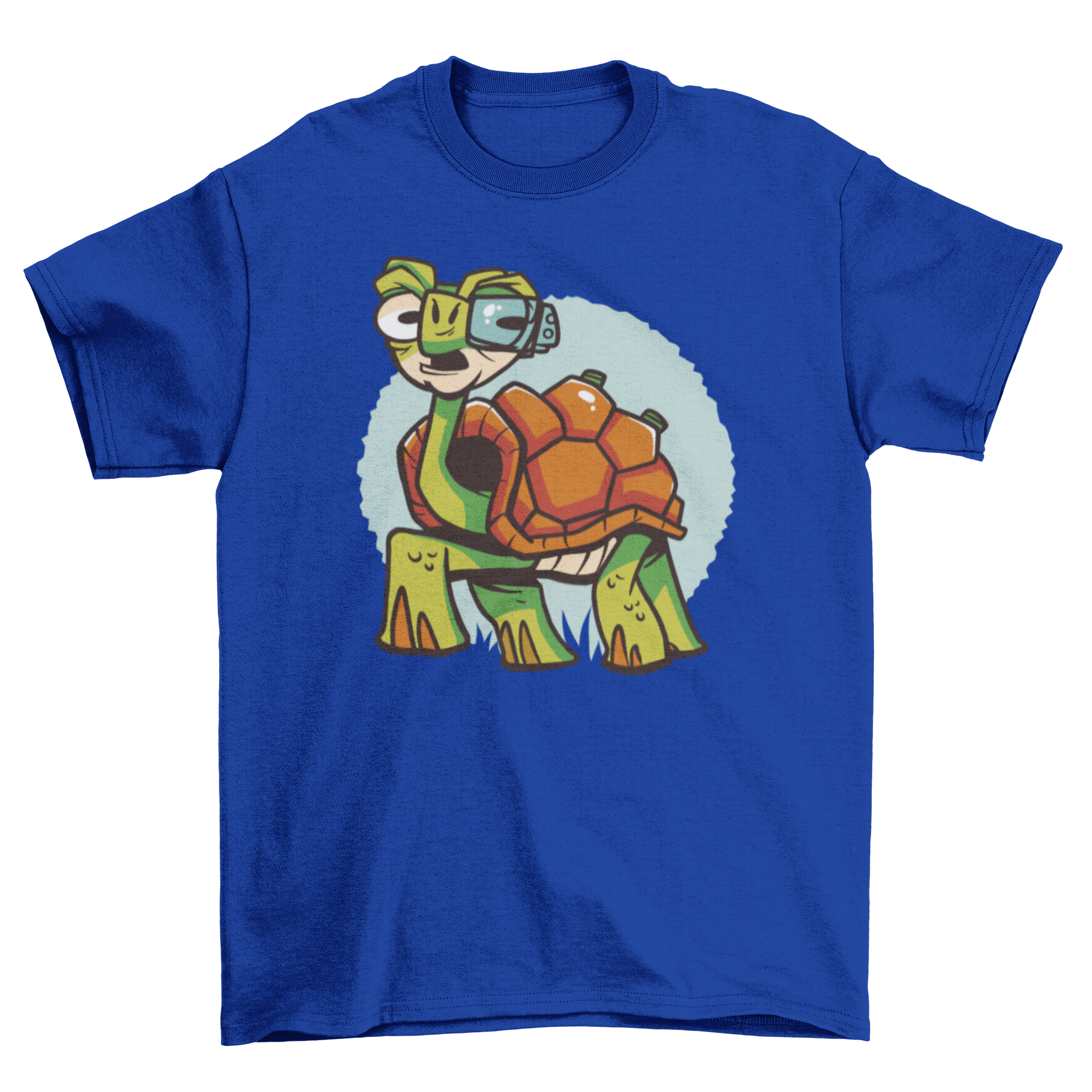 Cyborg turtle t-shirt design featuring a turtle with a futuristic cyborg eye, showcasing vibrant colors and unique artwork.