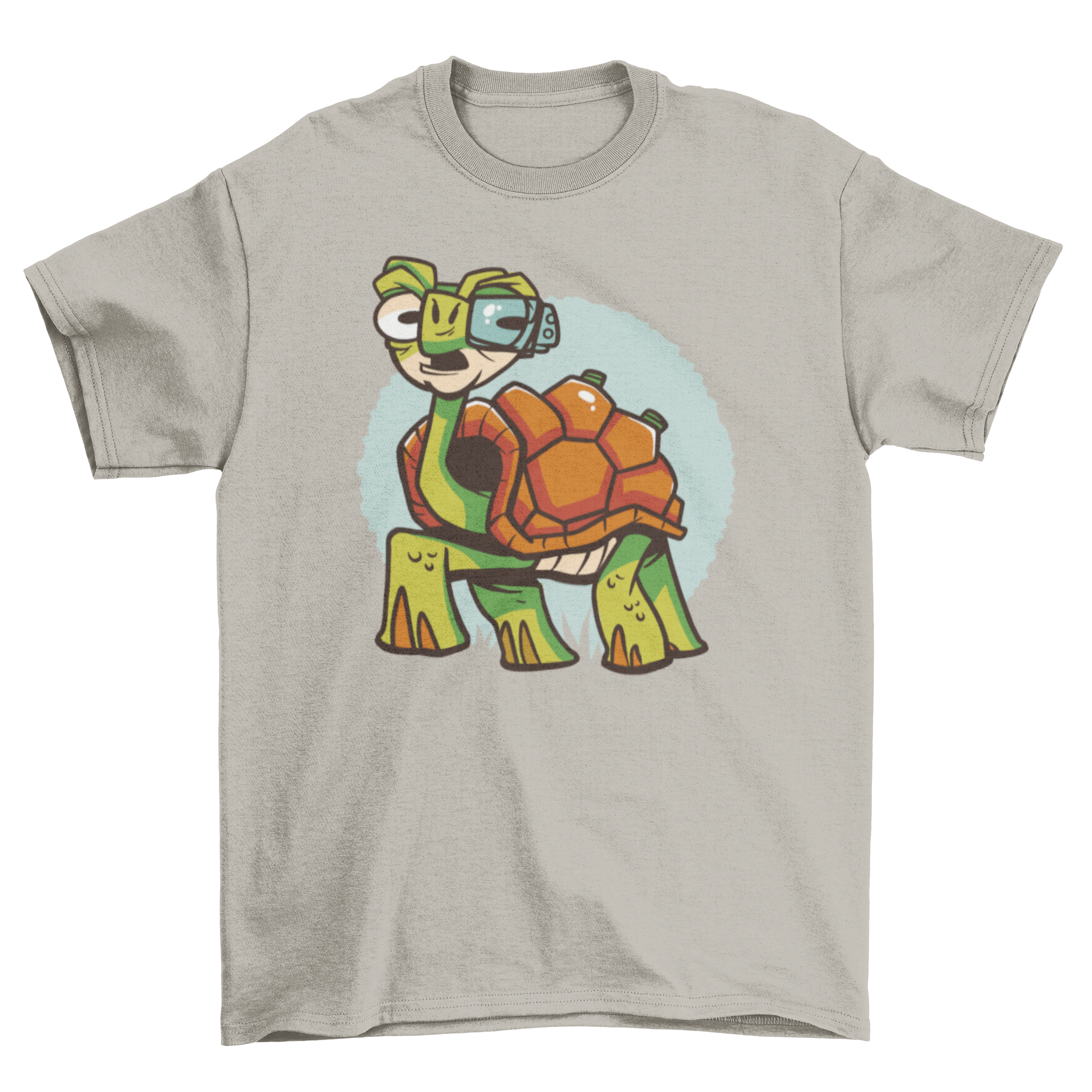 Cyborg turtle t-shirt design featuring a turtle with a futuristic cyborg eye, showcasing vibrant colors and unique artwork.