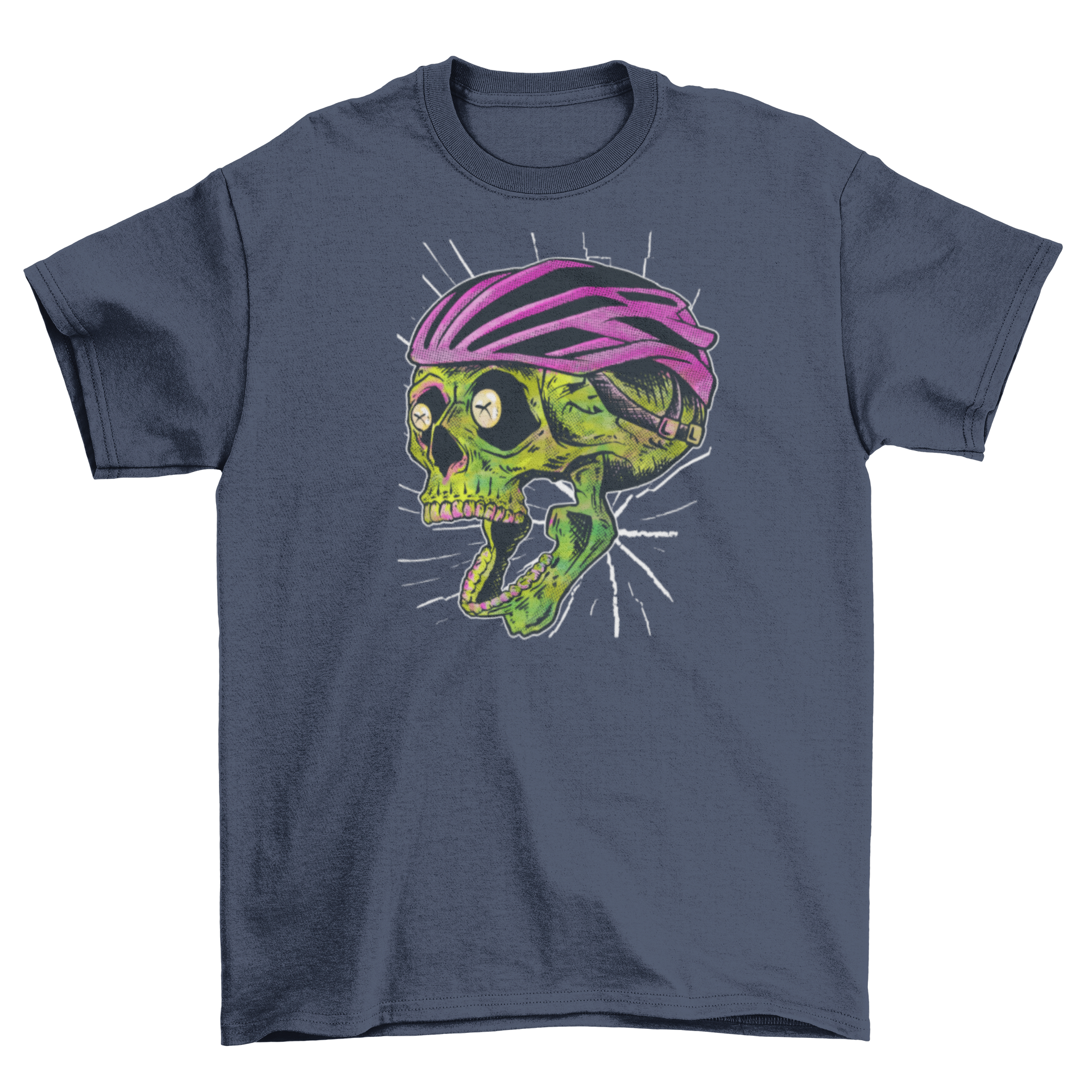 A green skull wearing a bicycle helmet on a t-shirt, showcasing a unique and edgy design for cycling enthusiasts.