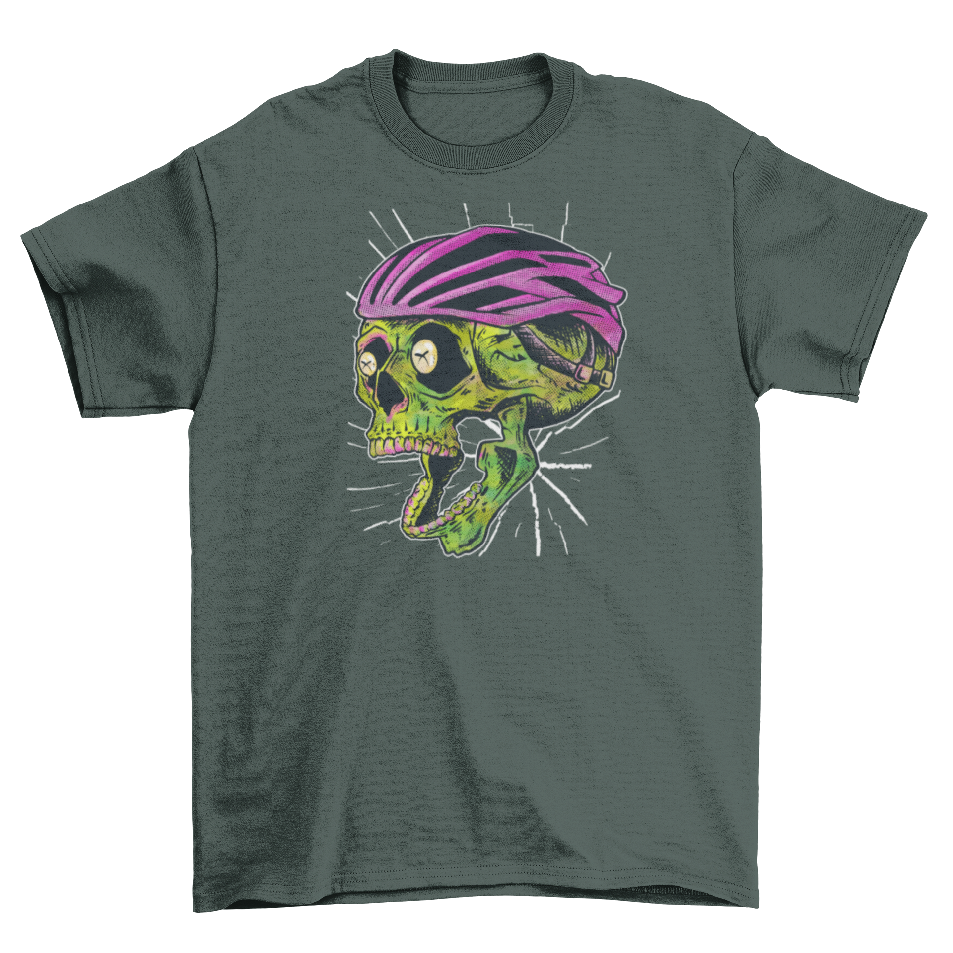 A green skull wearing a bicycle helmet on a t-shirt, showcasing a unique and edgy design for cycling enthusiasts.